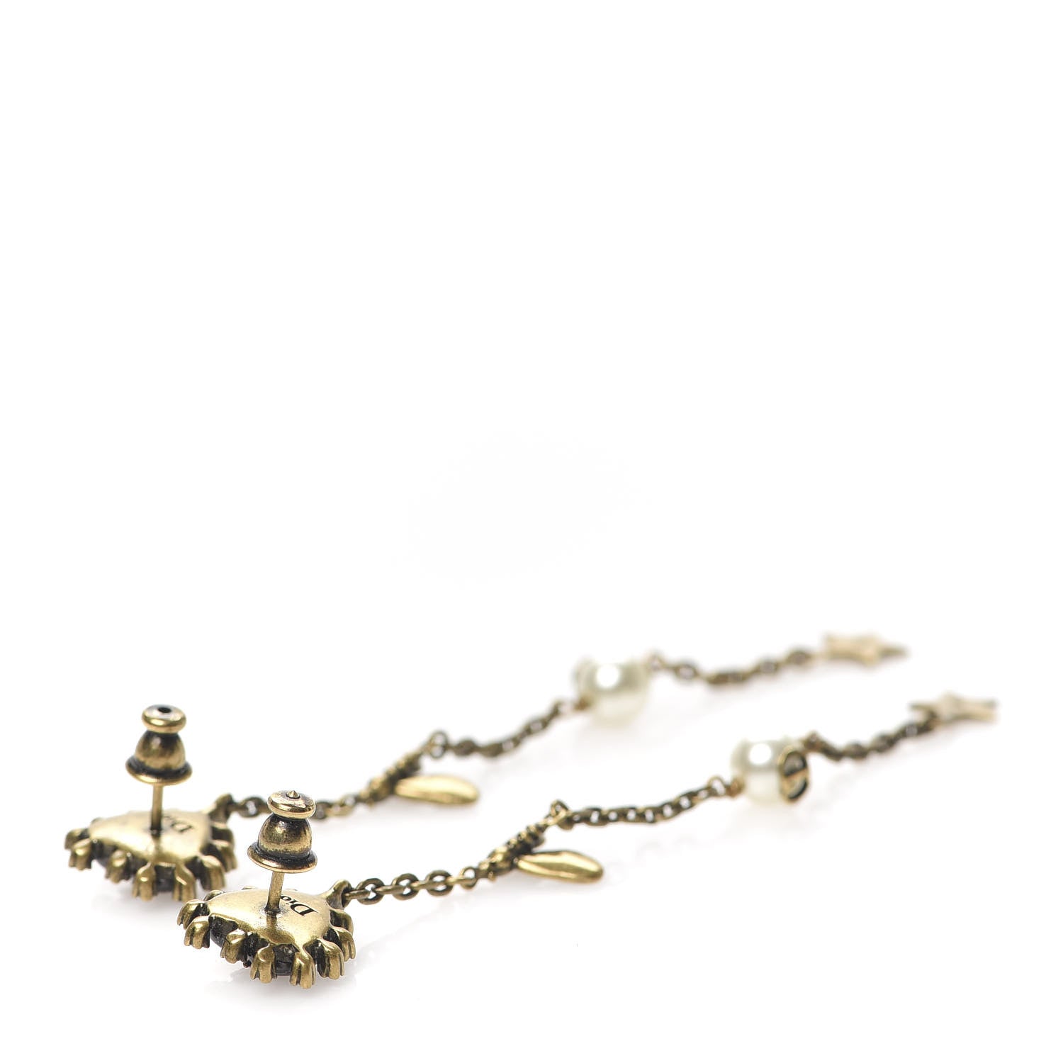 Christian Dior Crystal Pearl Bee Heart Drop Earrings Antique Gold 3 of 5
