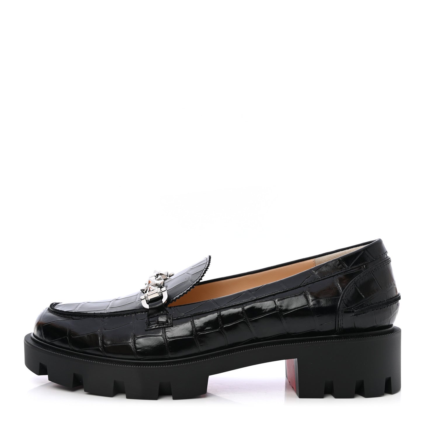 Croc Calfskin Embossed Womens Lug Swing Loafers 39.5 Black