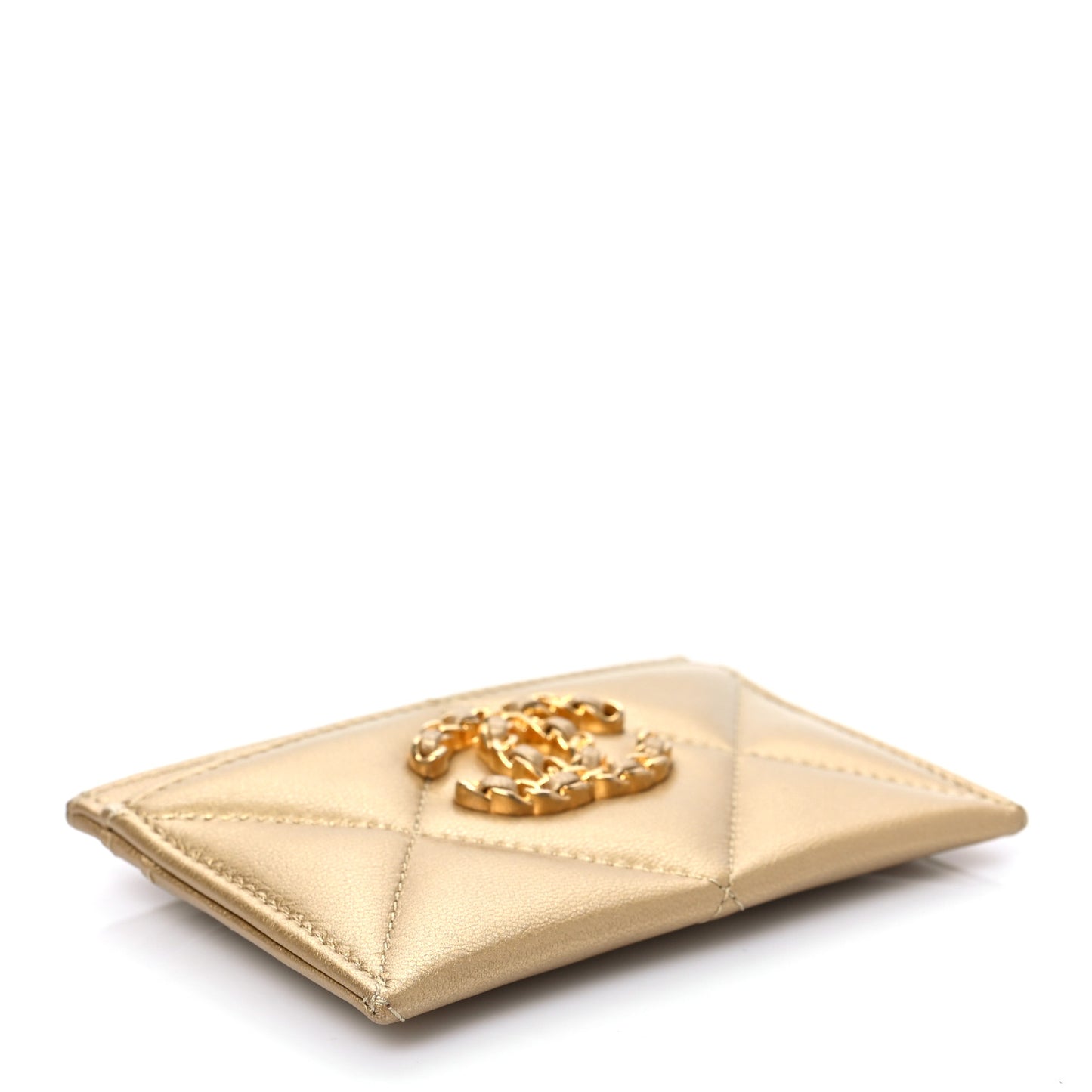 Metallic Lambskin Quilted Chanel 19 Card Holder Gold