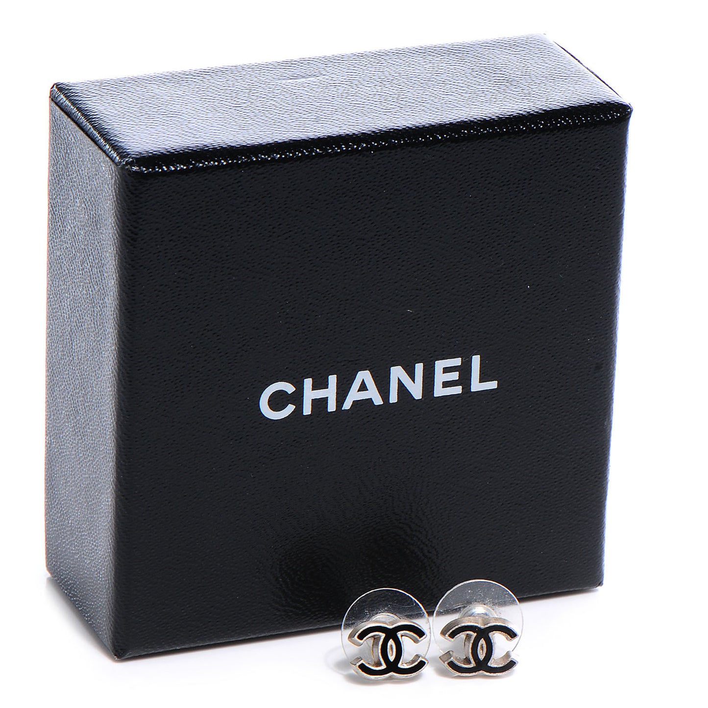 Enamel CC Stud Earrings Black Silver