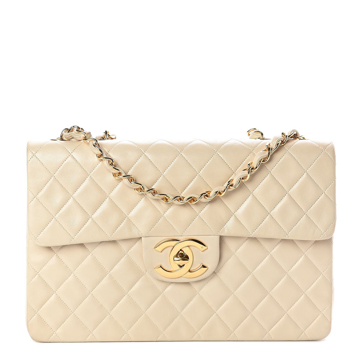 Lambskin Quilted XL Jumbo Single Flap Light Beige