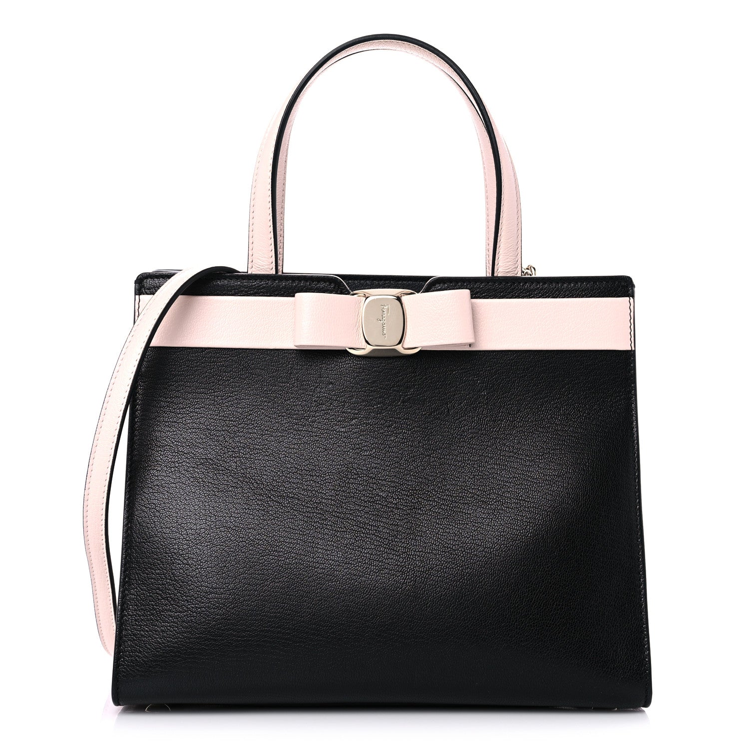 Salvatore Ferragamo Calfskin Medium Vara Bow Top Handle Tote Black Pink 1 of 13