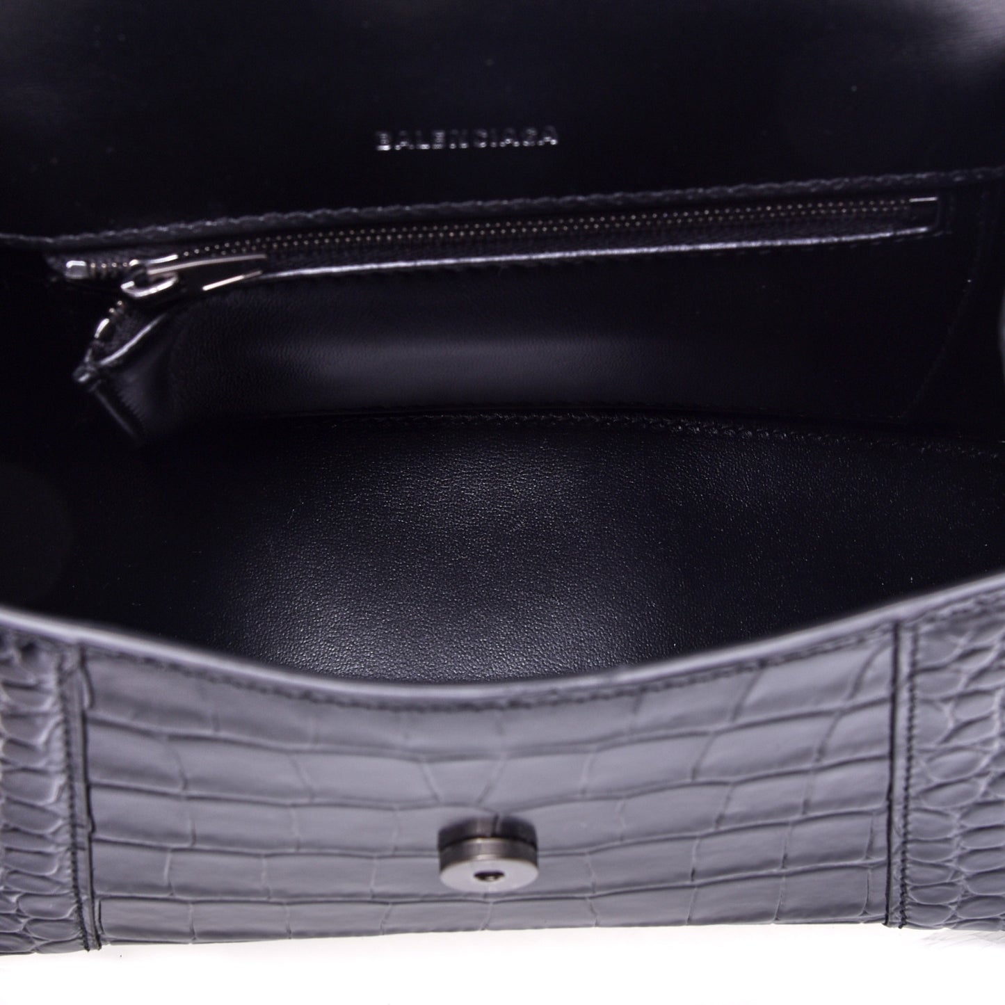 Shiny Calfskin Monochrome Crocodile Embossed Small Hourglass Top Handle Bag Black