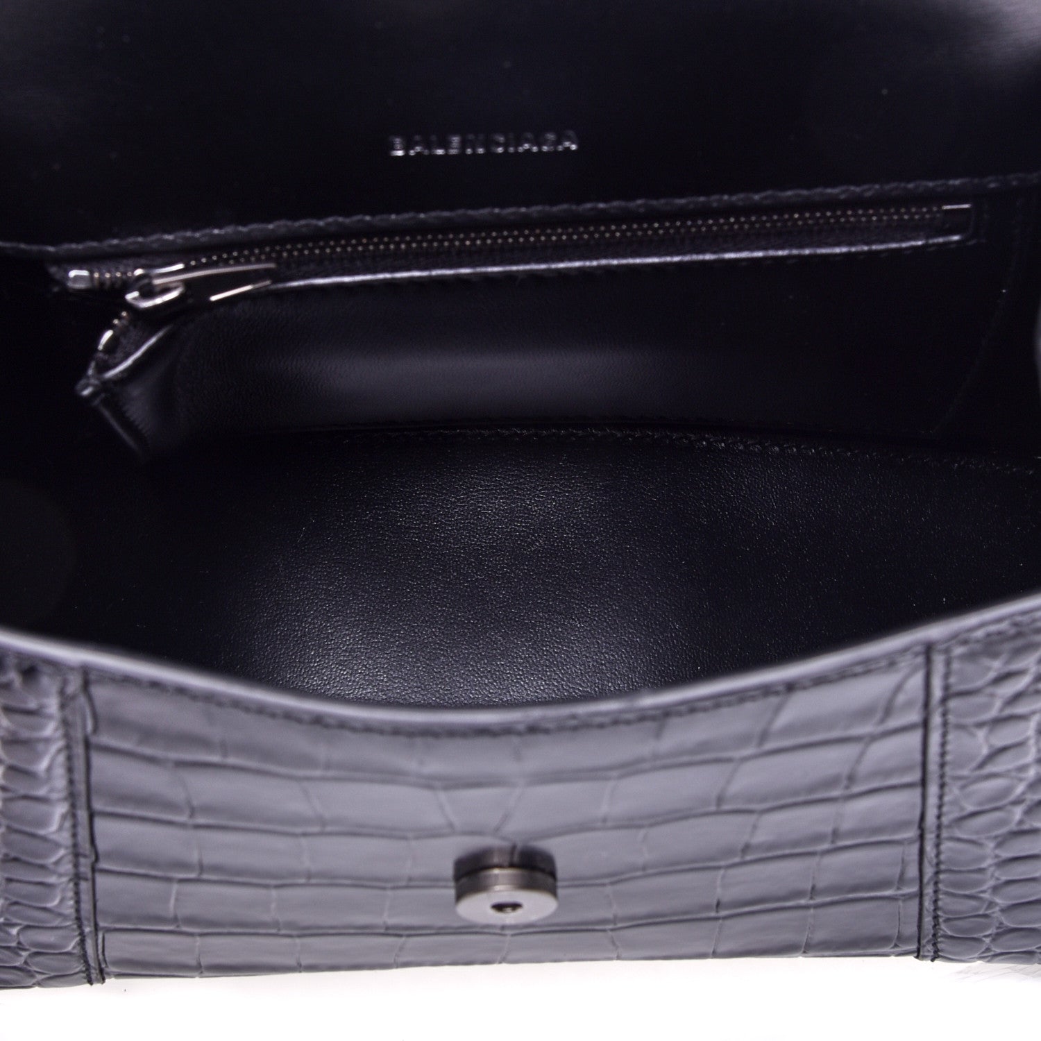 Balenciaga Shiny Calfskin Monochrome Crocodile Embossed Small Hourglass Top Handle Bag Black 5 of 9