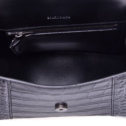 Balenciaga Shiny Calfskin Monochrome Crocodile Embossed Small Hourglass Top Handle Bag Black 5 of 9