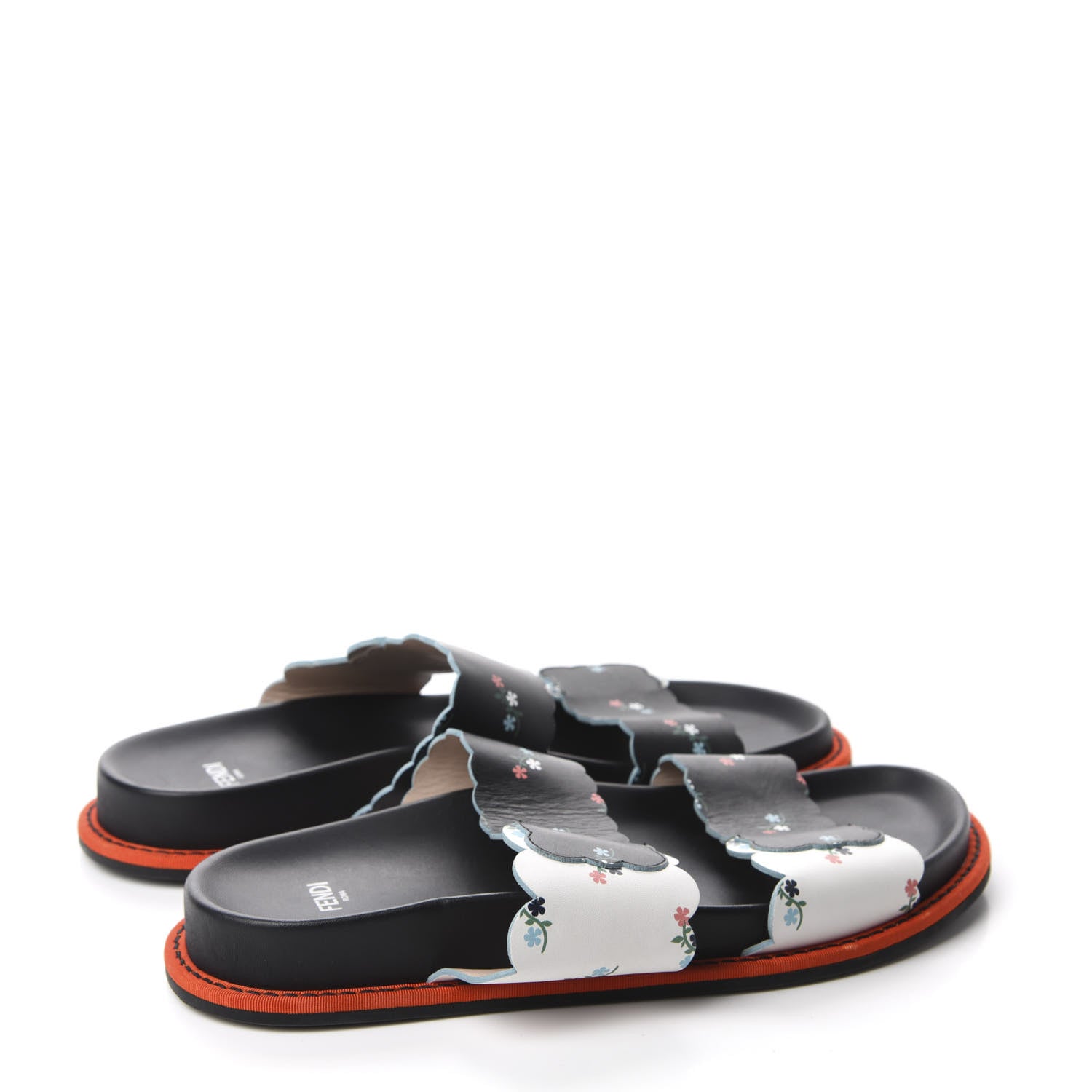 Fendi Vitello Floral Print Slide Sandals 37 Bianco Multicolor Black 4 of 10