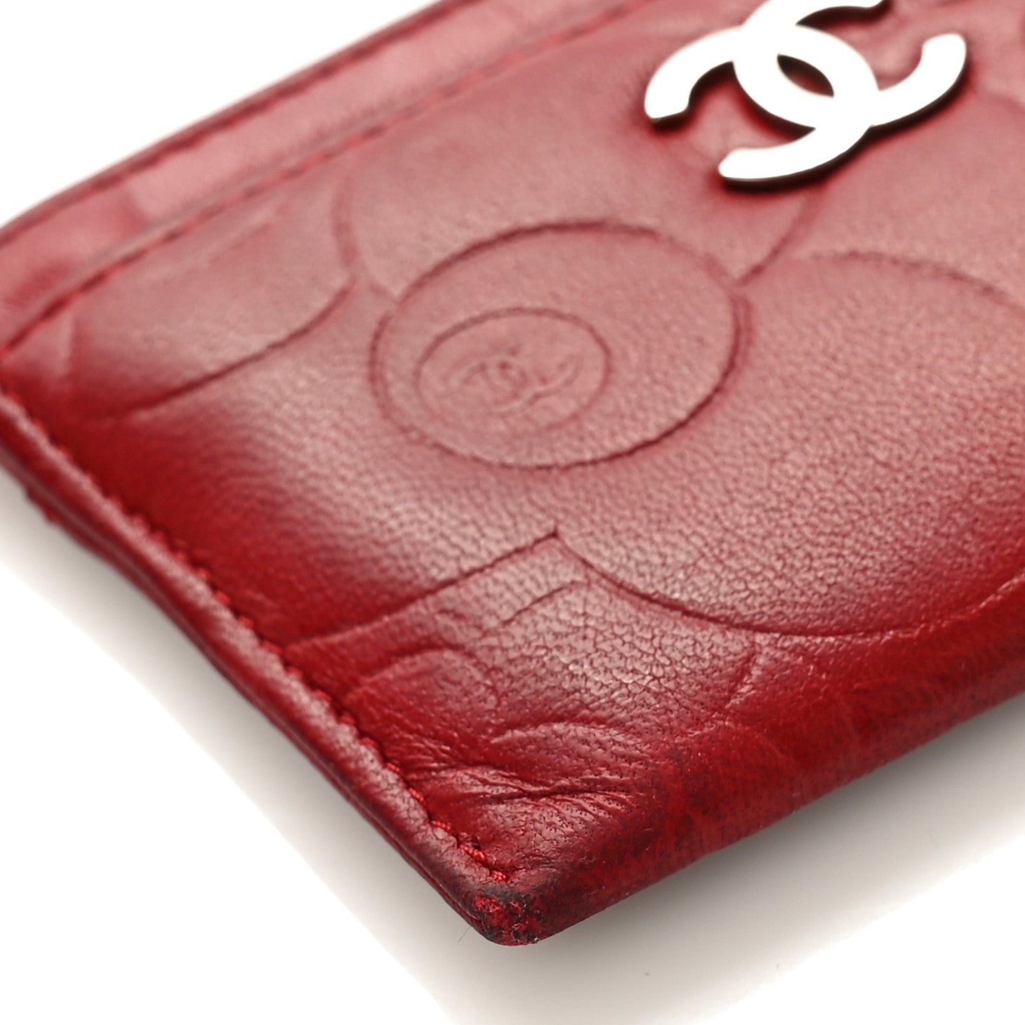 Chanel Lambskin Camellia Card Holder Dark Red 8 of 11