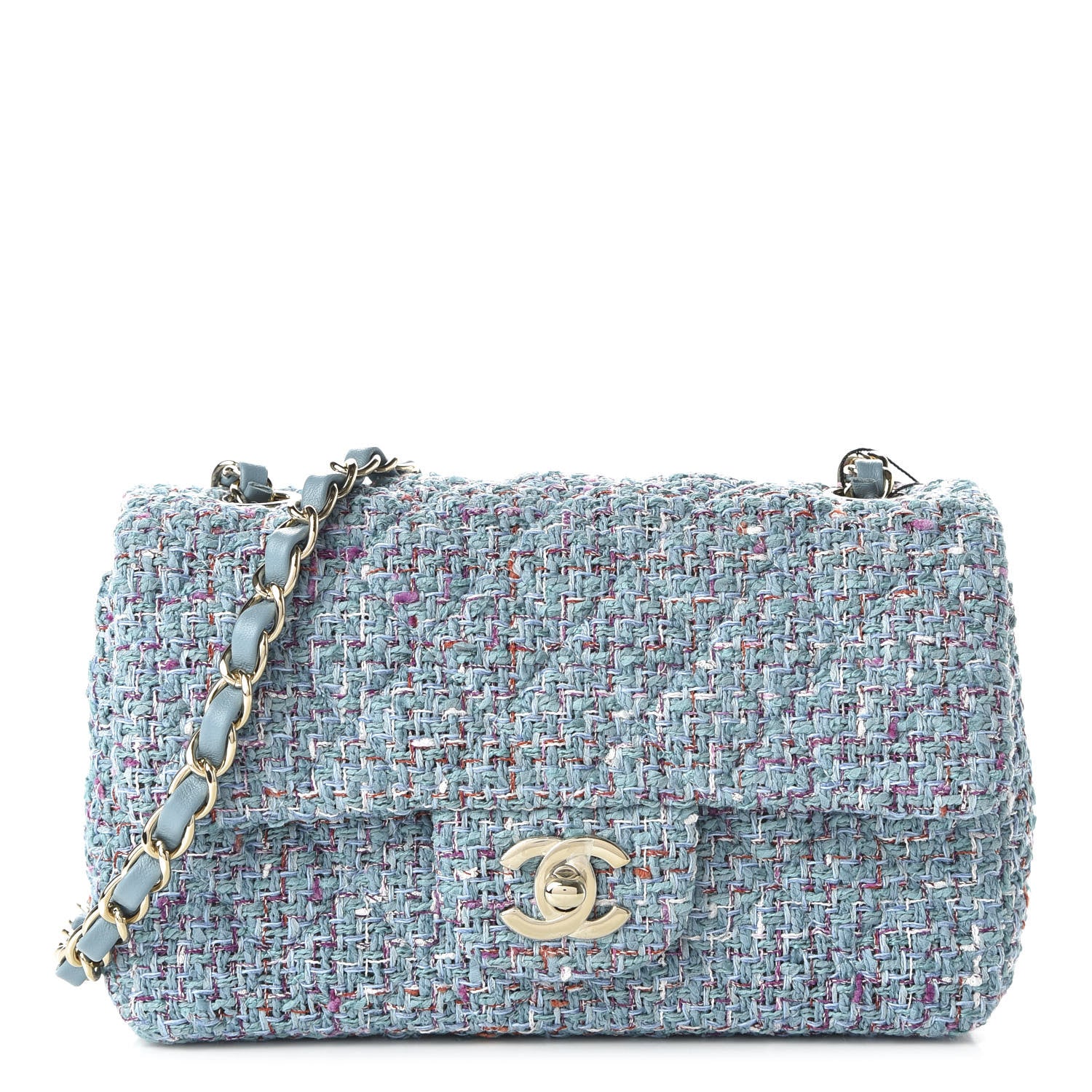 Chanel Tweed Quilted Mini Rectangular Flap Turquoise Purple White Red 1 of 10
