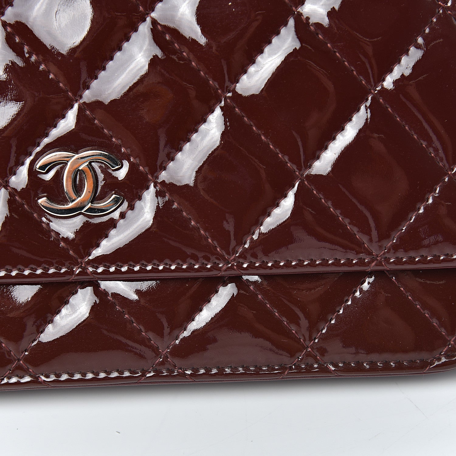 Chanel Patent Quilted Wallet On Chain WOC Burgundy 16 of 16