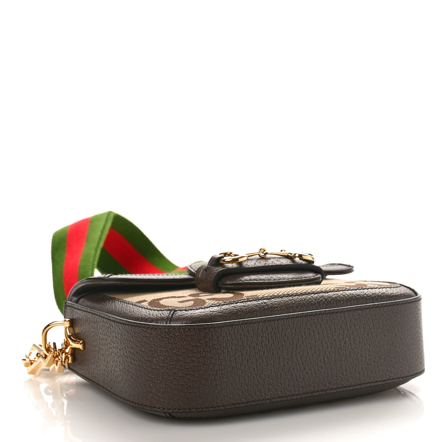 Gucci Monogram Jumbo GG Textured Dollar Calfskin Web Mini Horsebit 1955 Shoulder Bag Camel Ebony New Acero 4 of 8