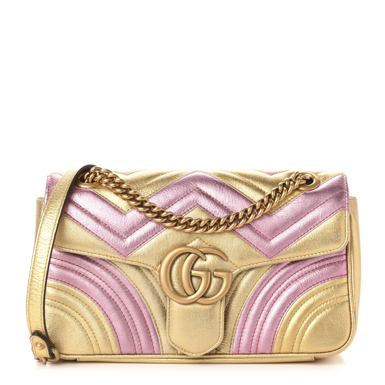 Gucci Metallic Calfskin Matelasse Small GG Marmont Shoulder Bag Gold Pink 1 of 11