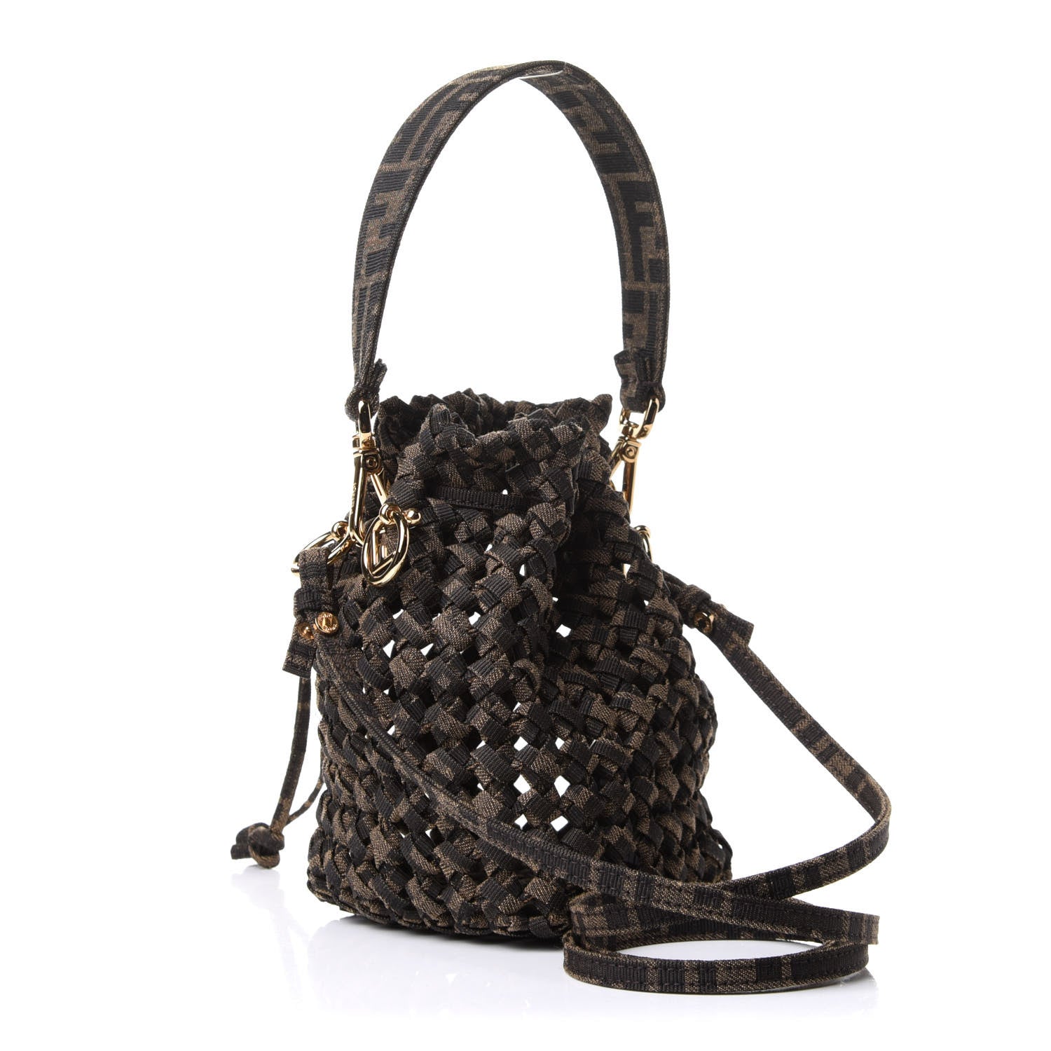 Fendi Fabric Jacquard F is Fendi FF 1974 Woven Knotted Mini Mon Tresor Bucket Bag Tabacco Moro 3 of 8