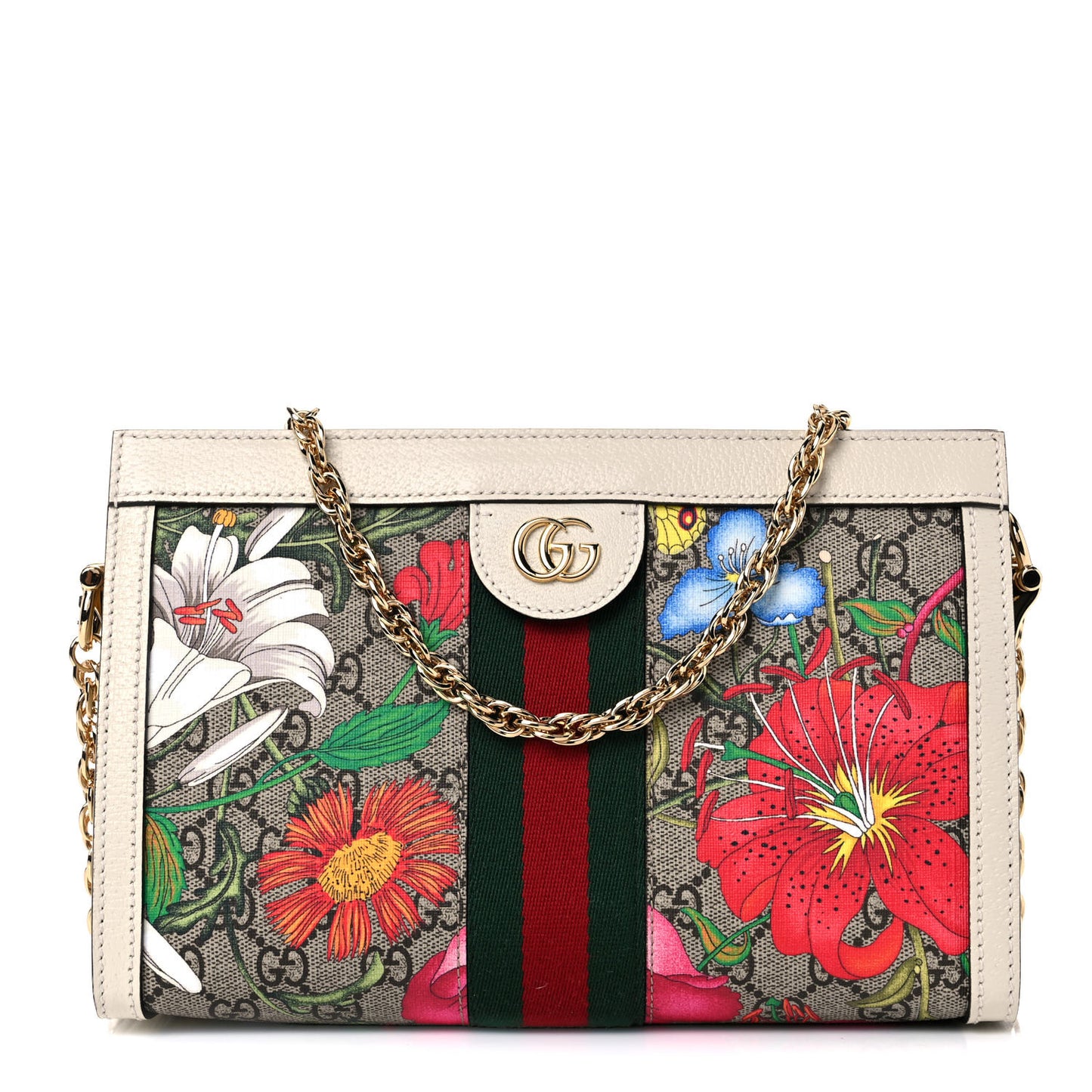 GG Supreme Monogram Flora Web Small Ophidia Chain Shoulder Bag White