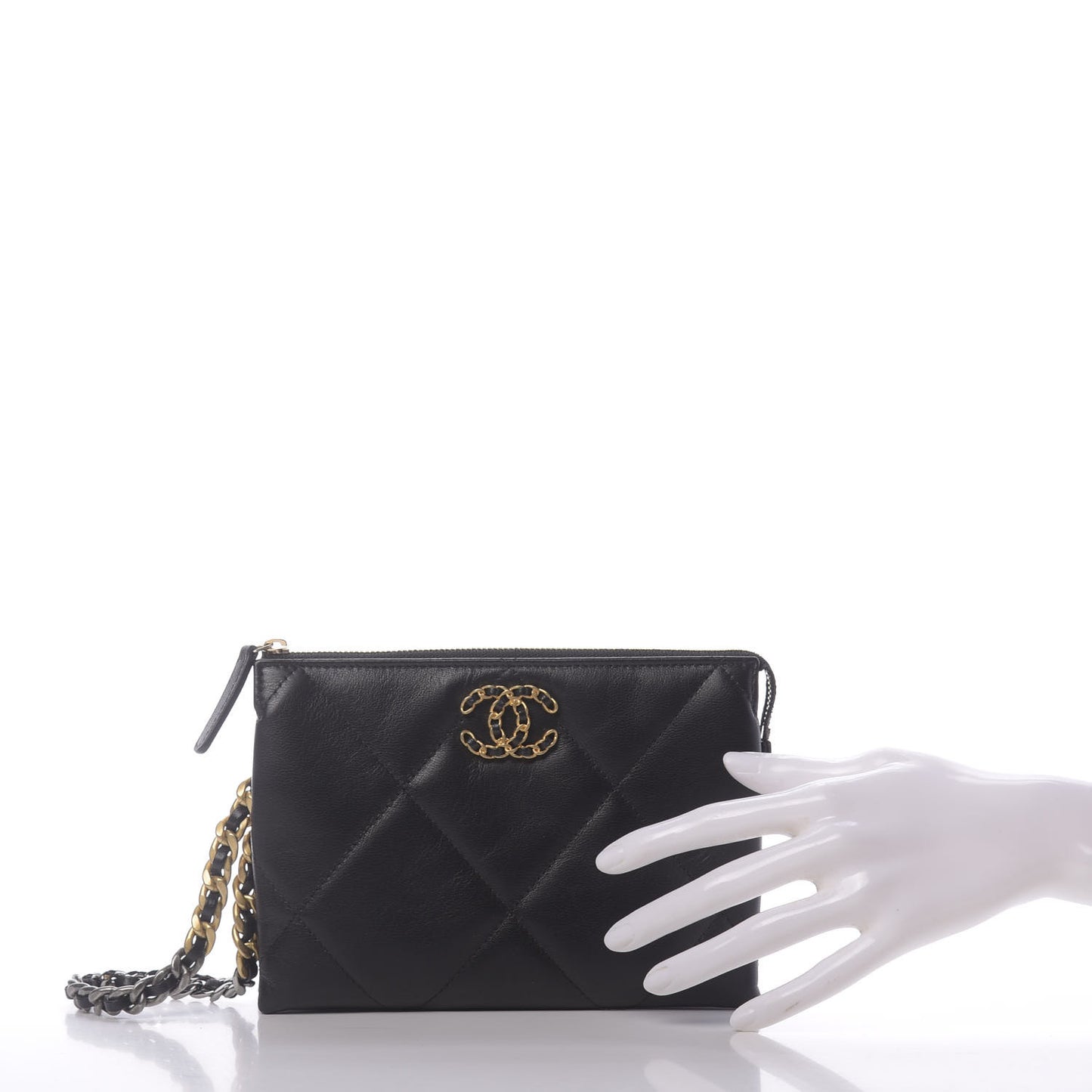 Shiny Goatskin Quilted Small Chanel 19 Pouch With Handle Black