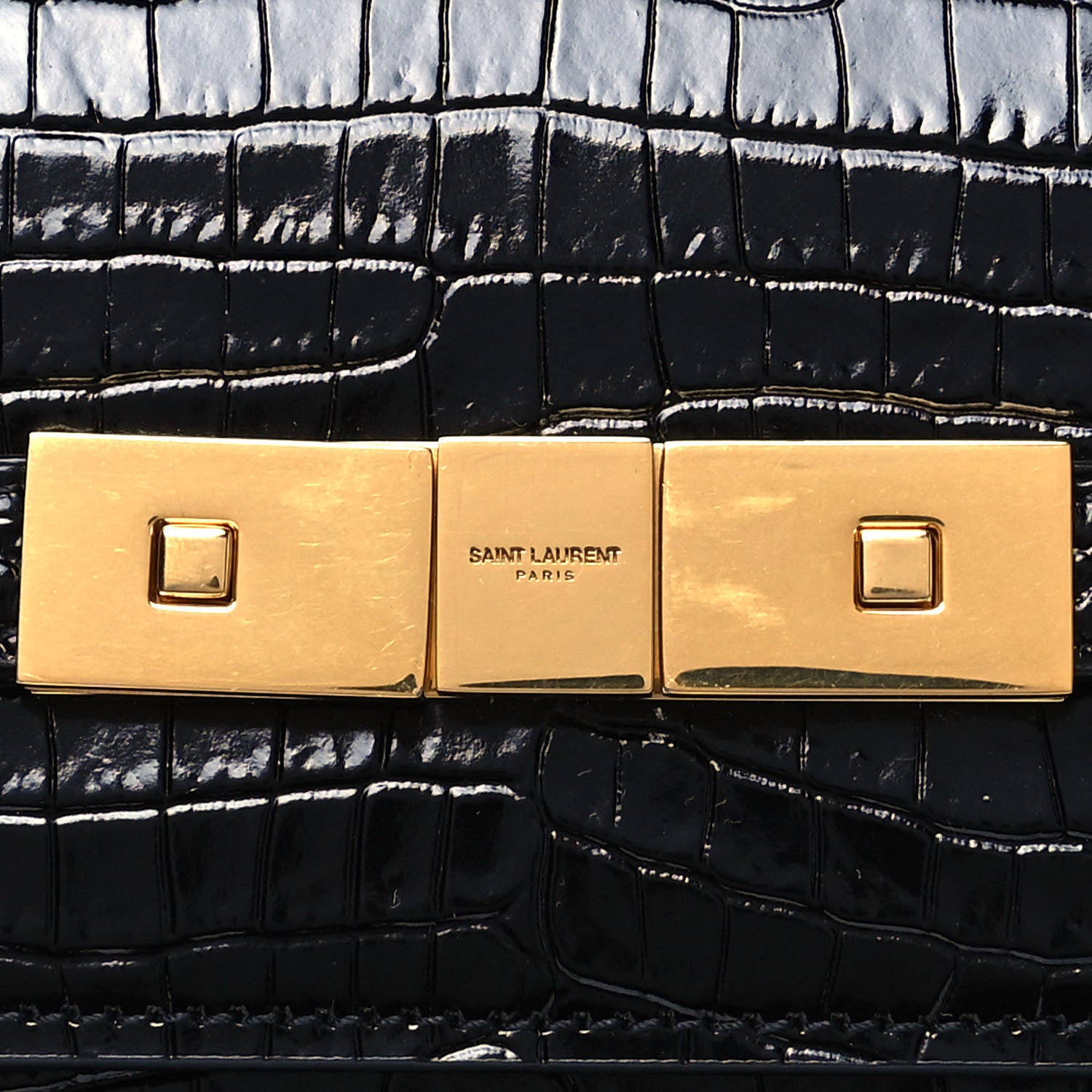 Saint Laurent Shiny Calfskin Crocodile Embossed Manhattan Baguette Black 7 of 10