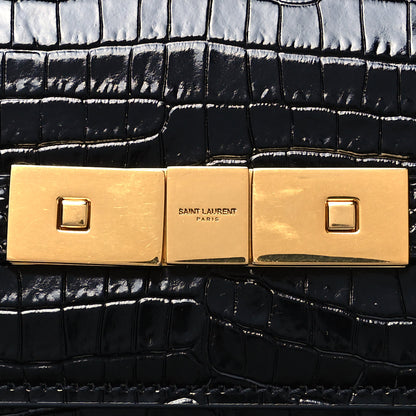 Saint Laurent Shiny Calfskin Crocodile Embossed Manhattan Baguette Black 7 of 10