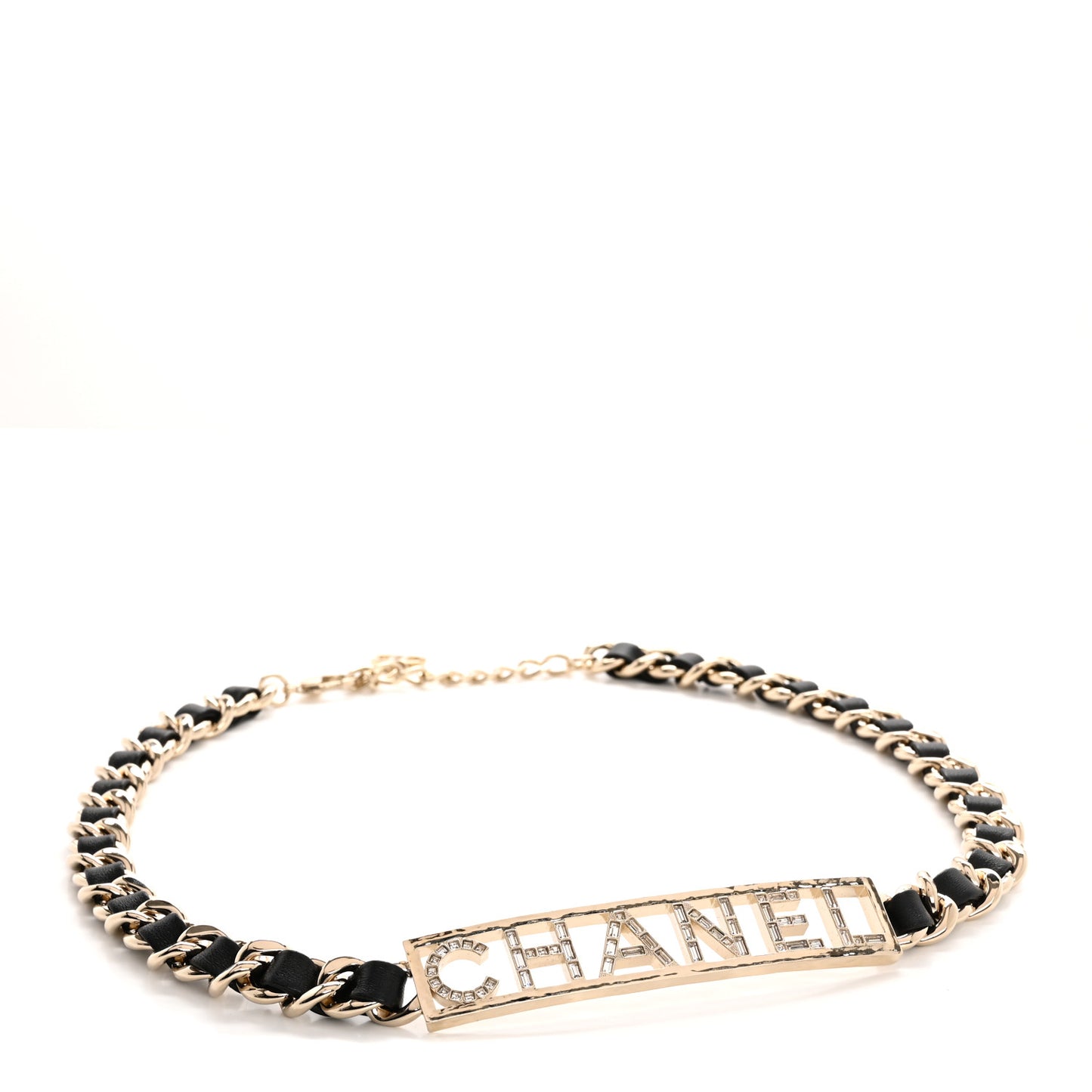 Metal Lambskin Chain Crystal Baguette Logo Belt 80 32 80 32 Gold Black