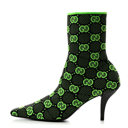 Gucci Technical Jersey Knit GG Monogram Square G 75mm Ankle Boots 37.5 Black Neon Green 1 of 8