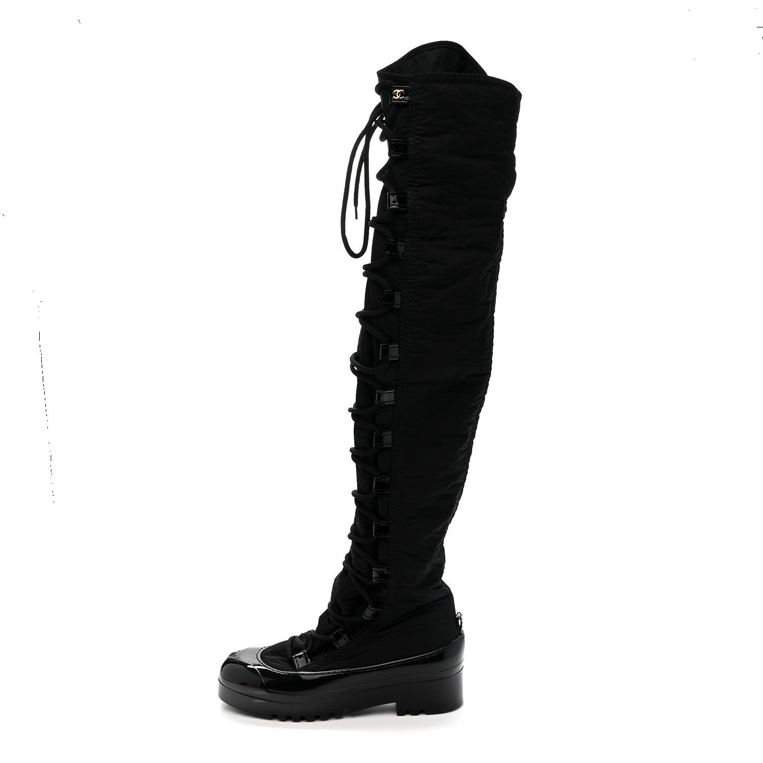 Chanel Nylon Rubber CC Lace Up Thigh High Boots 40 Black 1806603