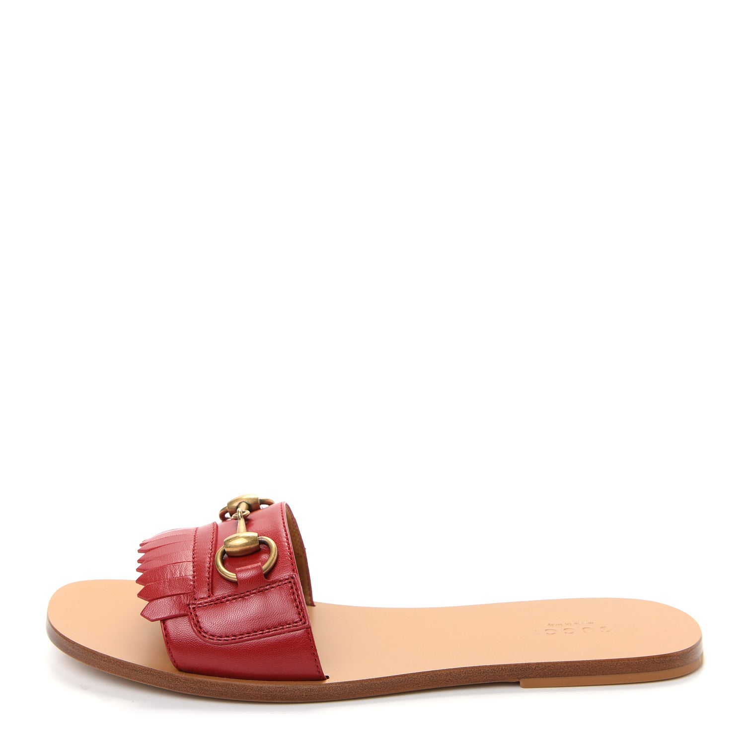 Gucci Malaga Kid Fringe Horsebit Slide Sandals 39 Hibiscus Red 1 of 10