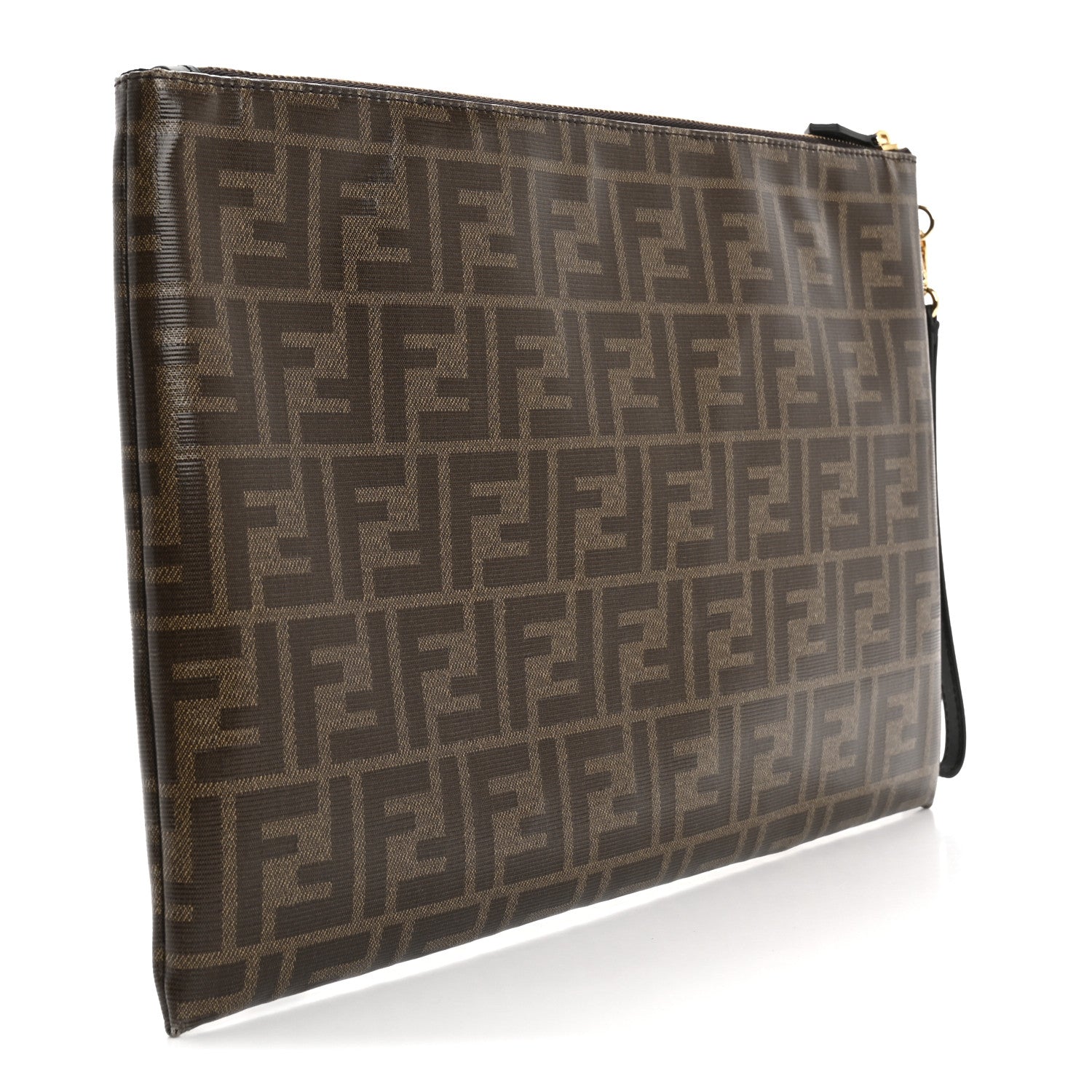 Fendi Glazed Fabric Vitello Century FF 1974 Stamp Patch Large Flat Pouch Mogano Panna Black 3 of 12