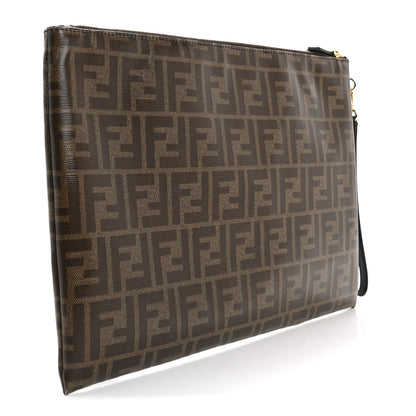 Fendi Glazed Fabric Vitello Century FF 1974 Stamp Patch Large Flat Pouch Mogano Panna Black 3 of 12