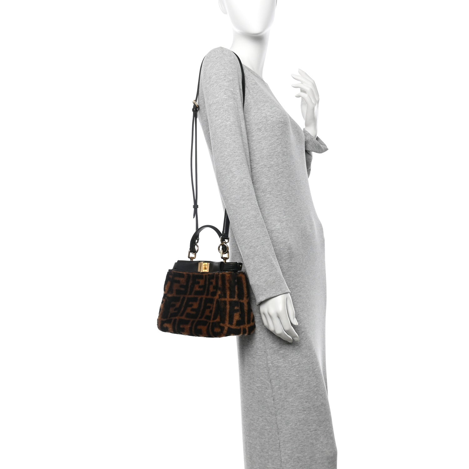 Fendi Shearling Nappa Macro FF 1974 Mini Peekaboo Iconic Satchel Tobacco Black 2 of 9