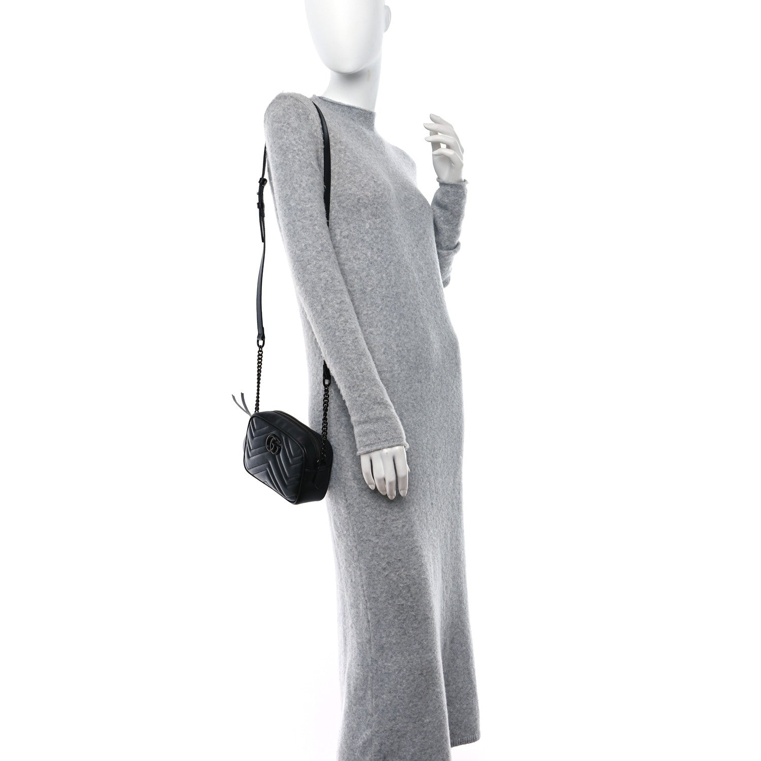 Gucci Calfskin Matelasse Monochrome Mini GG Marmont Chain Shoulder Bag Black 2 of 11