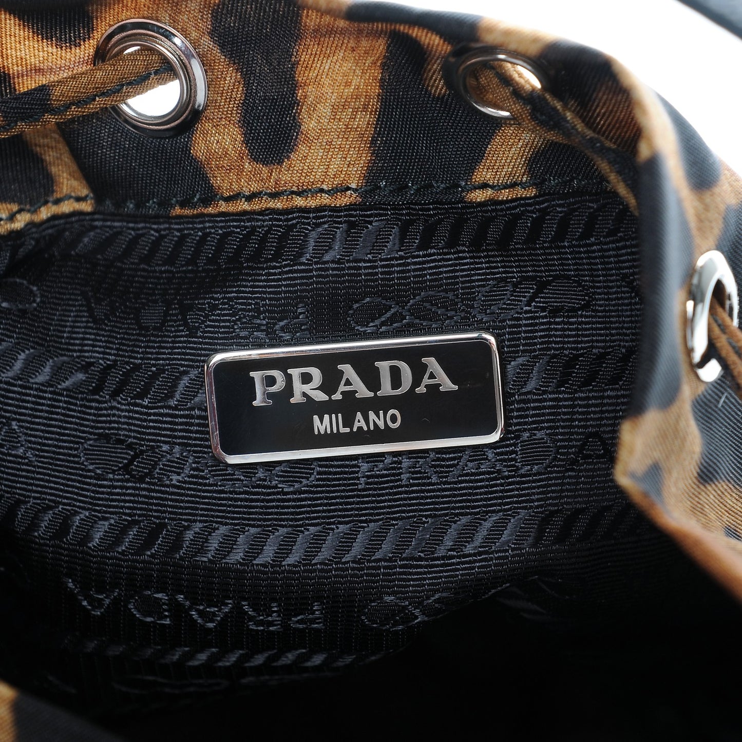 Tessuto Nylon Leopard Print Mini Bucket Bag Miele