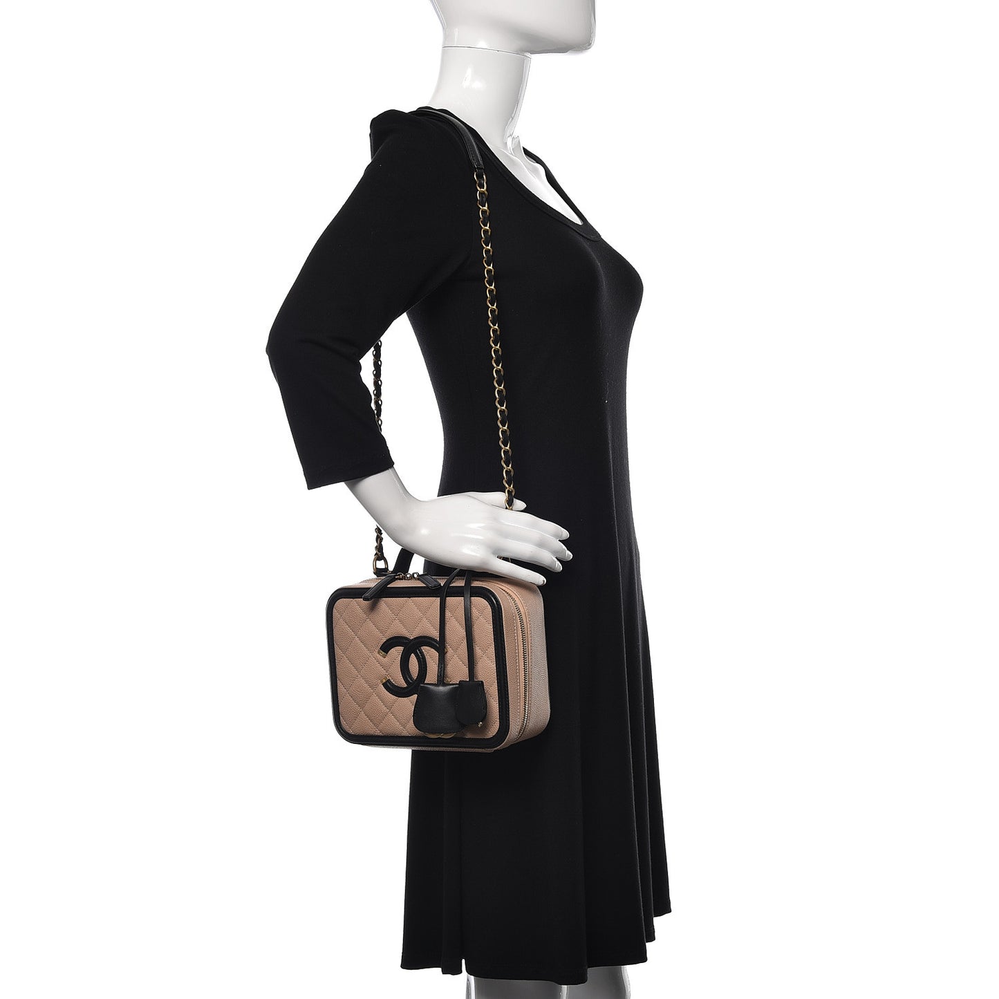 Caviar Quilted Medium CC Filigree Vanity Case Beige Black