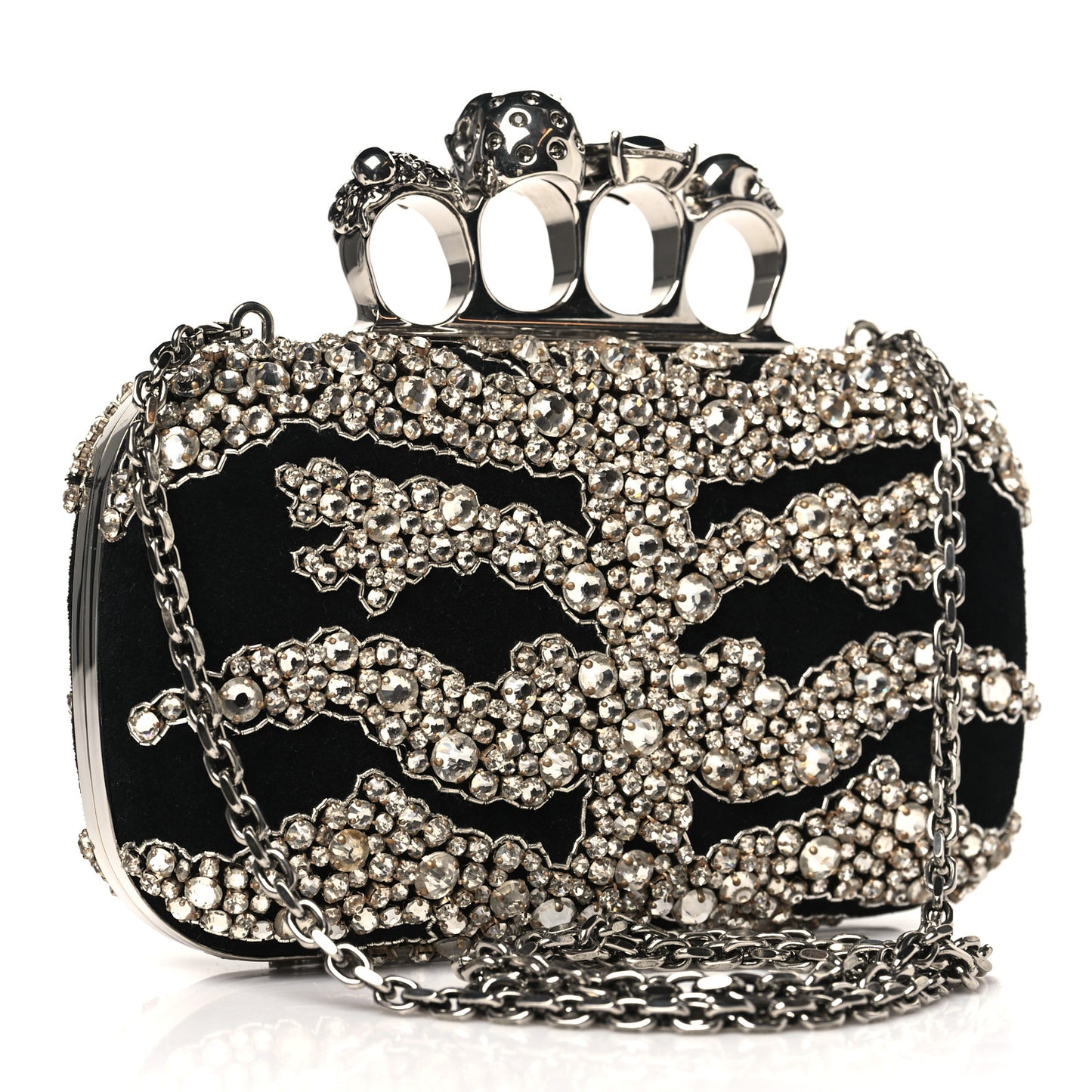 Suede Crystal Skull Knuckle Chain Box Clutch Black