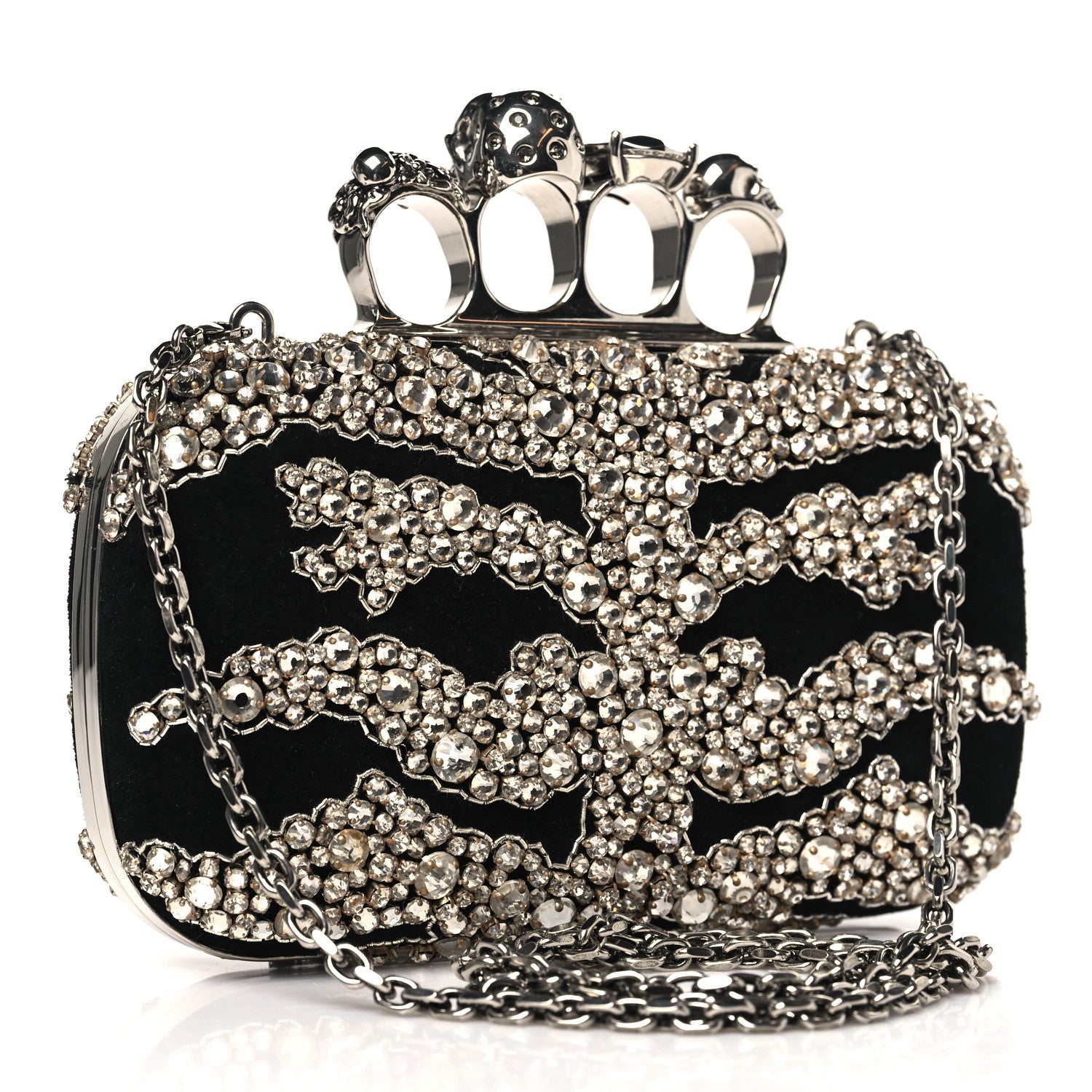 Alexander McQueen Suede Crystal Skull Knuckle Chain Box Clutch Black 3 of 10