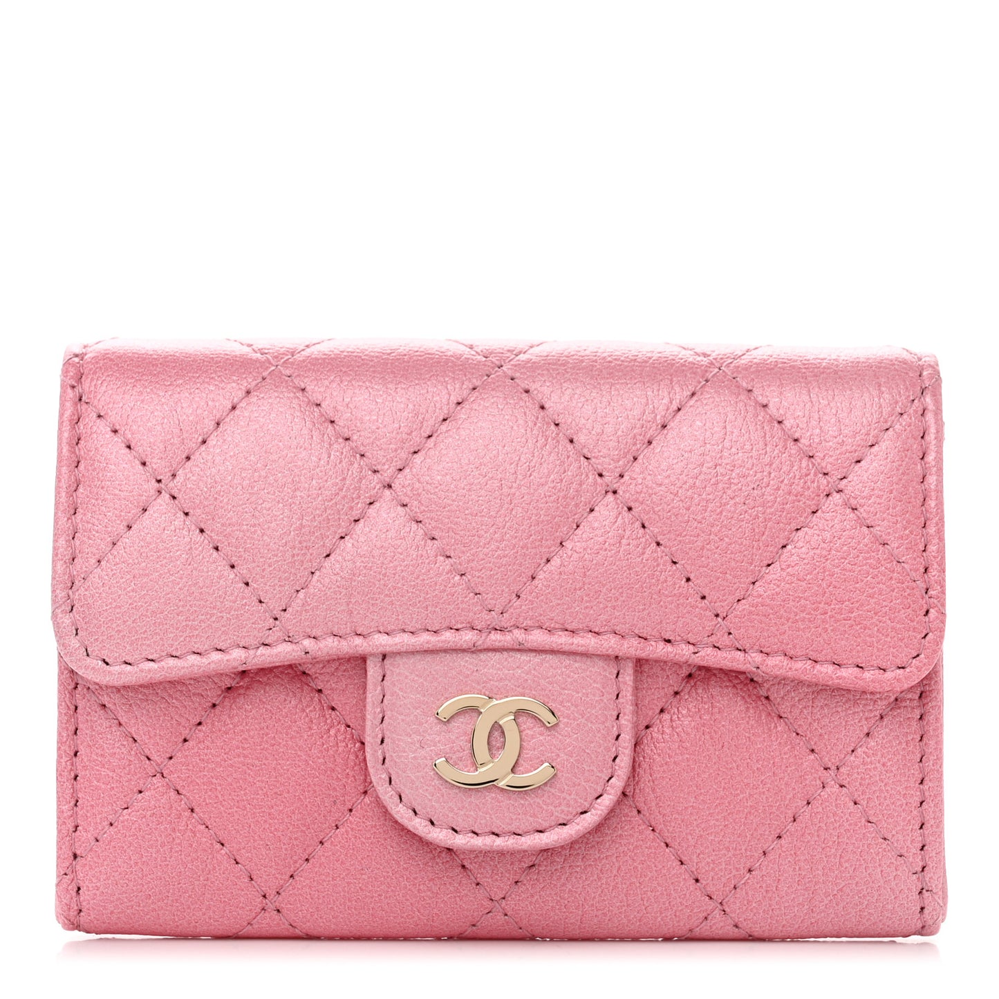 Cloudy Pearly Goatskin Quilted Flap Card Holder Wallet Light Pink