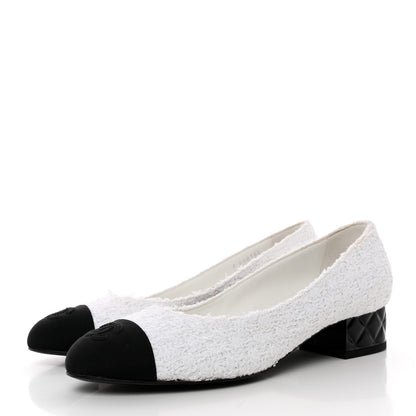 Chanel Tweed Grosgrain Cap Toe CC Pumps 37 White Black 3 of 12