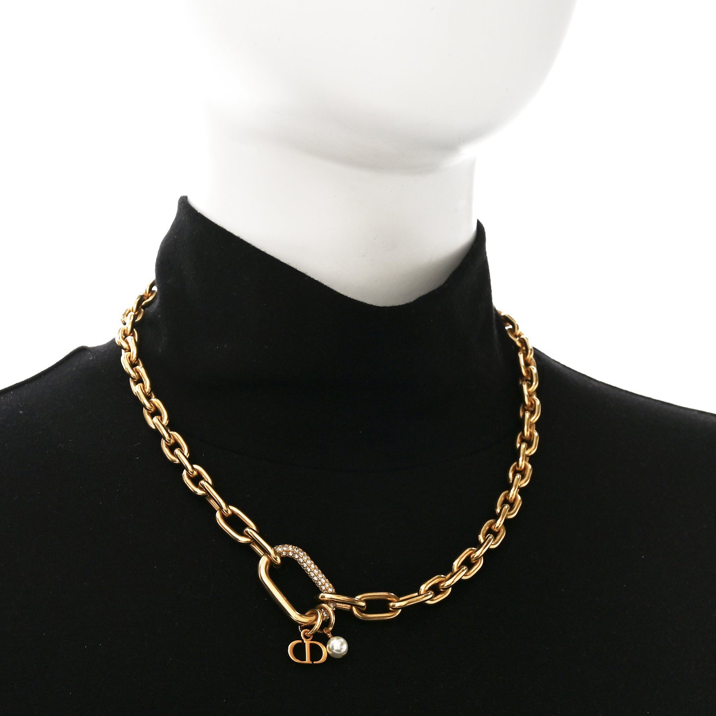 Crystal Pearl CD Chain Necklace Gold