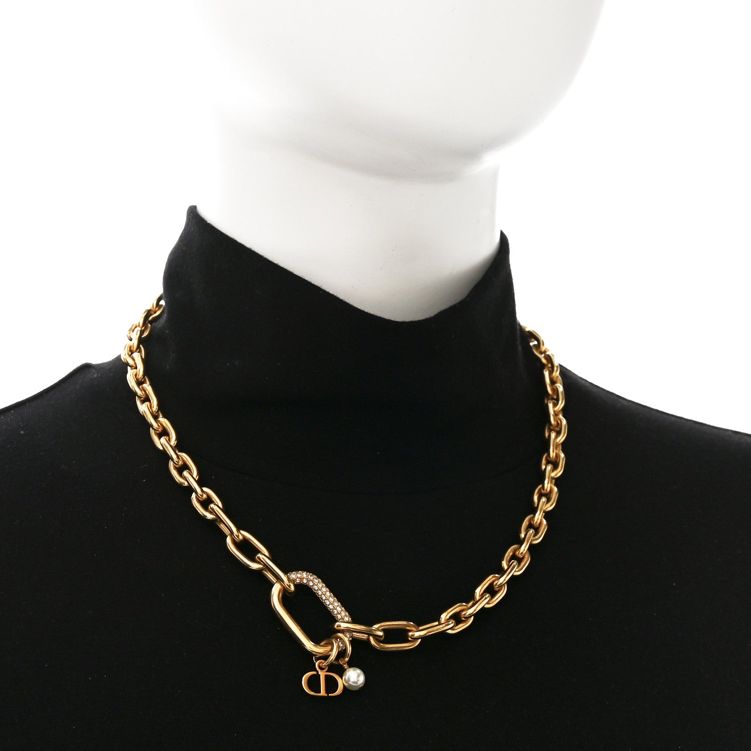 Christian Dior Crystal Pearl CD Chain Necklace Gold 2 of 4