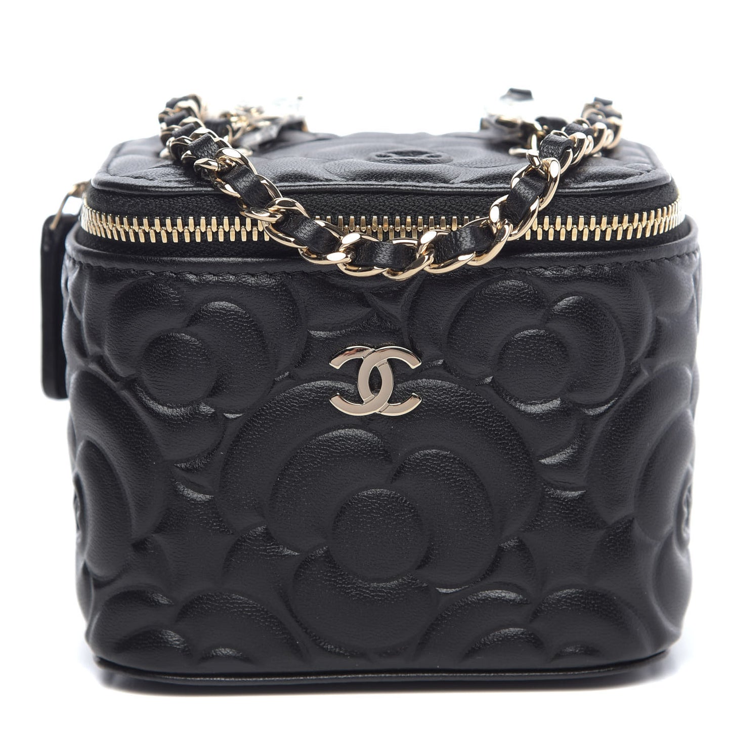 Lambskin Camellia Embossed Mini Vanity Case With Chain Black
