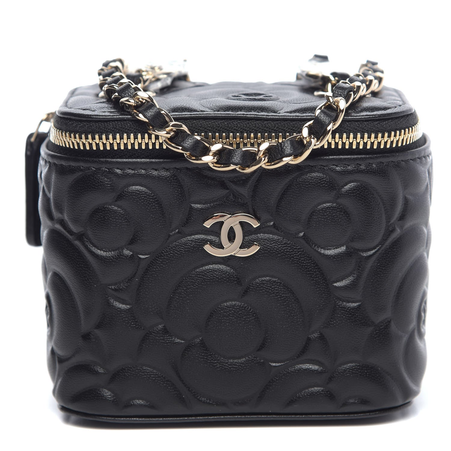 Chanel Lambskin Camellia Embossed Mini Vanity Case With Chain Black 1 of 10