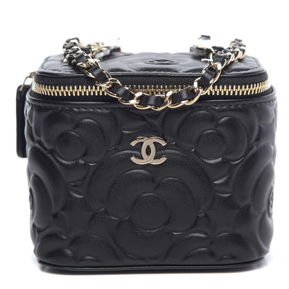 Chanel Lambskin Camellia Embossed Mini Vanity Case With Chain Black 1 of 10