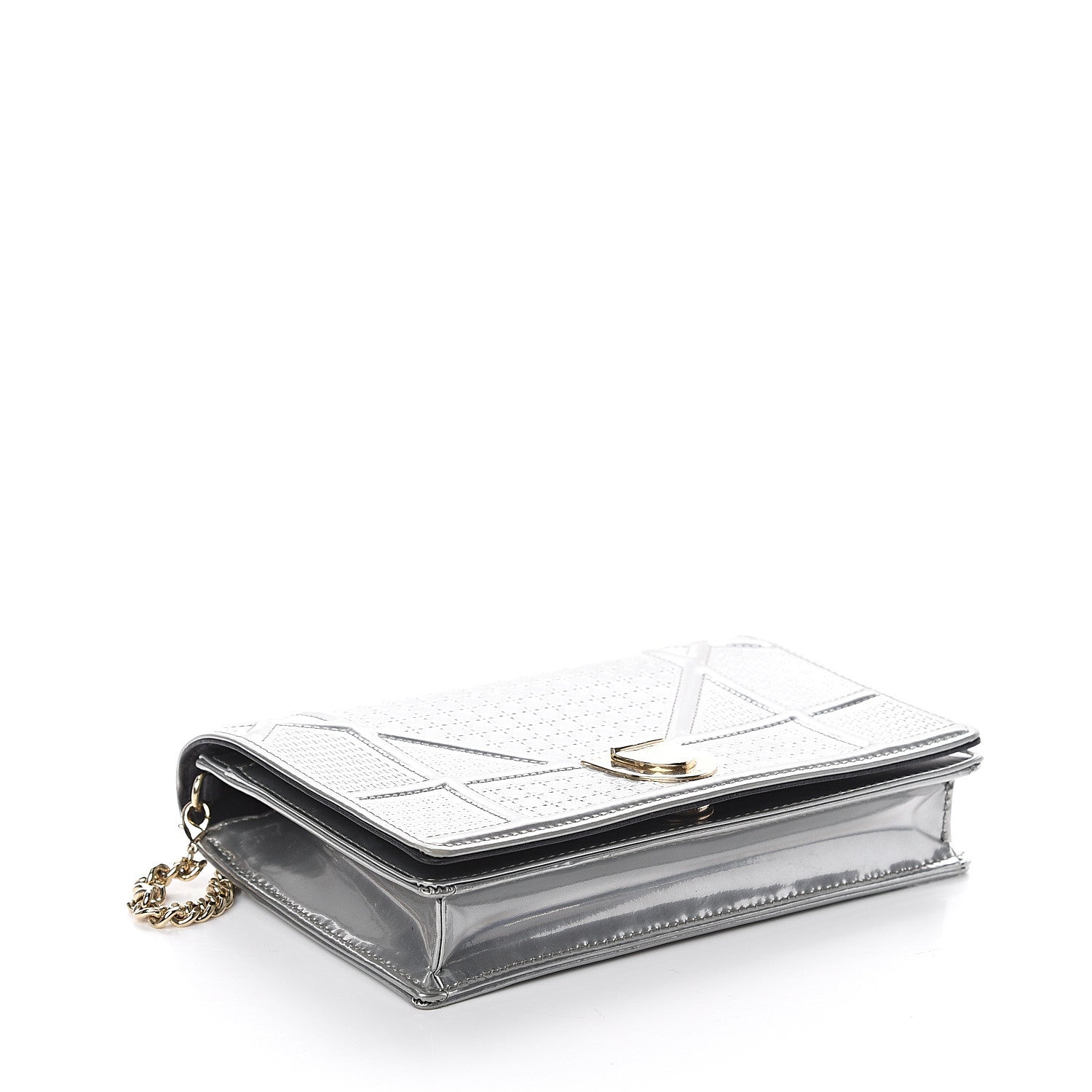 Christian Dior Metallic Patent Micro-Cannage Diorama Wallet on Chain Pouch Silver 3 of 8