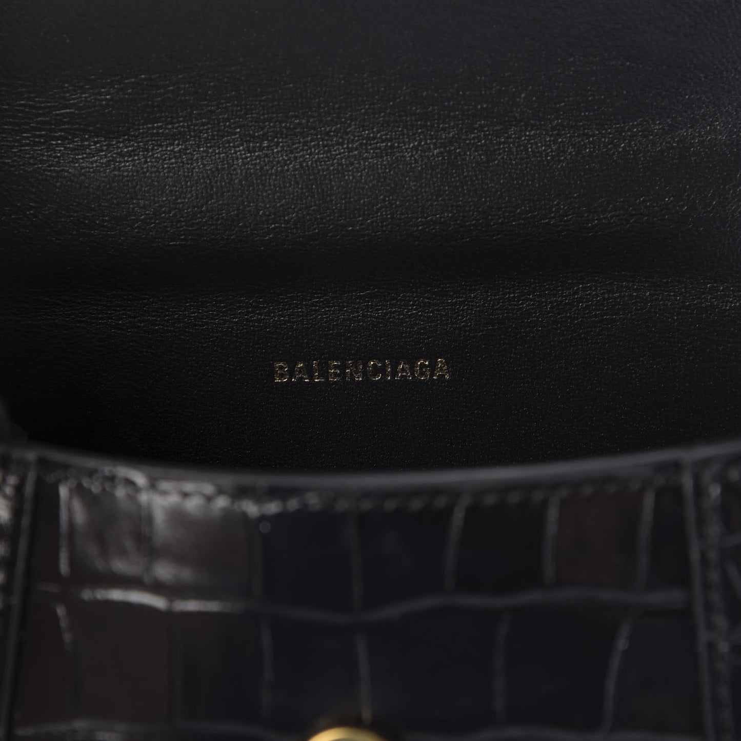Shiny Calfskin Crocodile Embossed Hourglass Top Handle Bag XS Black
