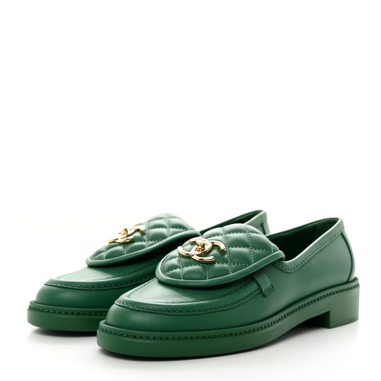 Lambskin Quilted CC Turnlock Loafers 37.5 Green