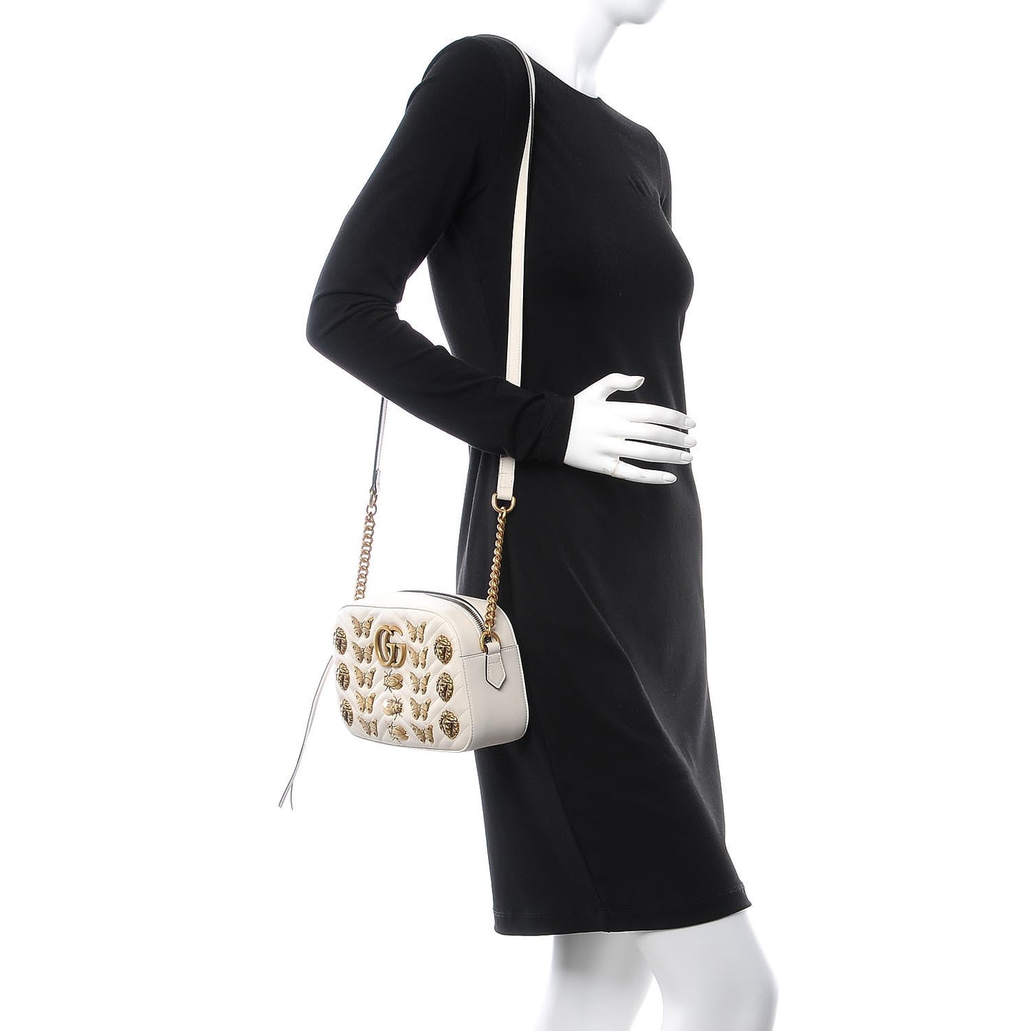Calfskin Matelasse Animal Studs Small GG Marmont Chain Shoulder Bag White