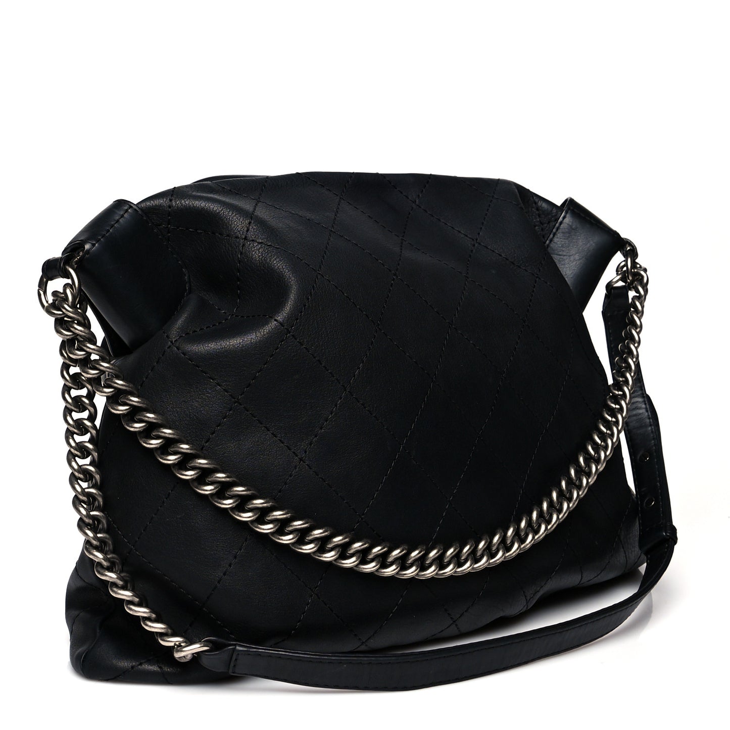 Calfskin Stitched Double Zip Hobo Black