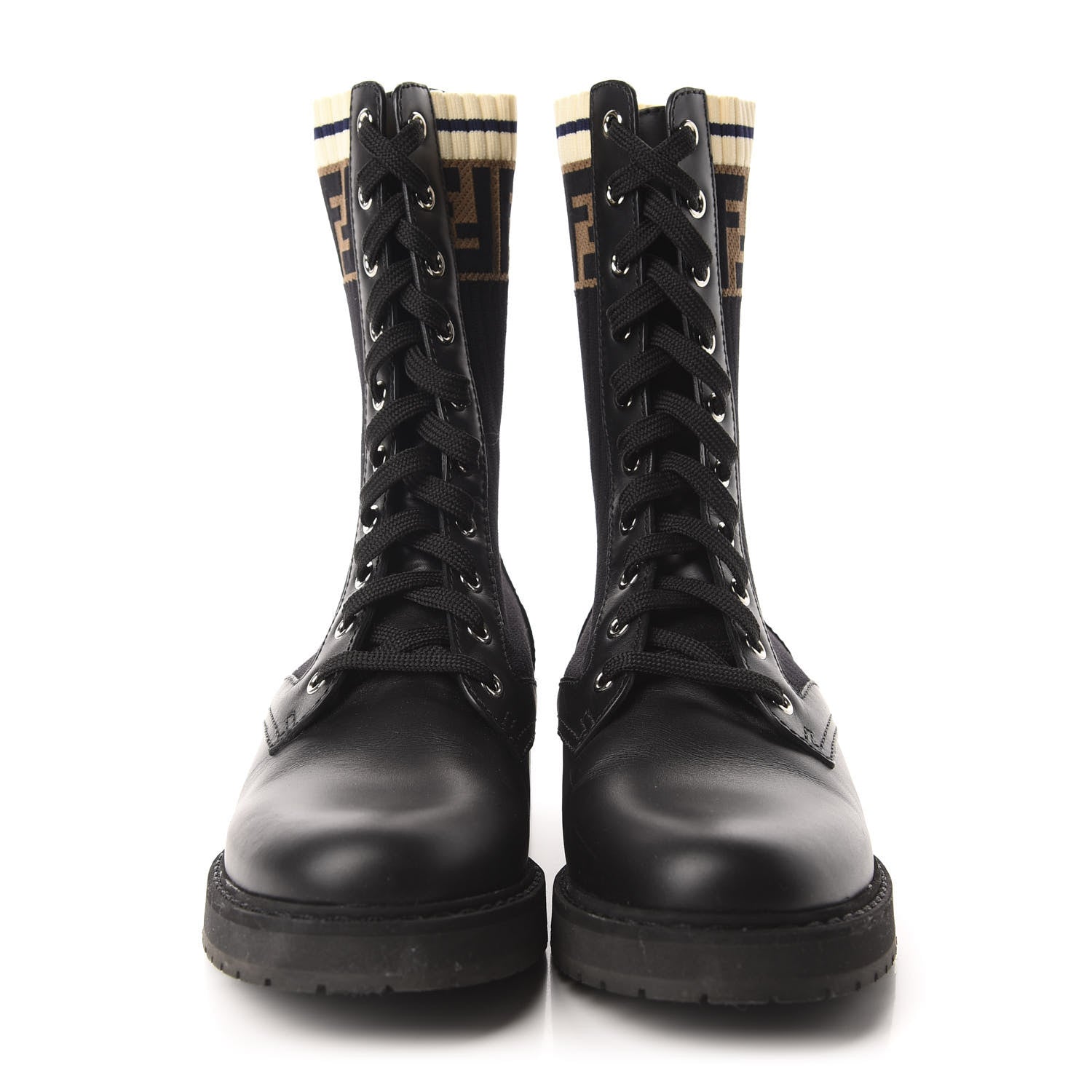 Fendi Calfskin Stretch Fabric Rockoko Biker Boots 38 Tobacco Black Marino 2 of 8