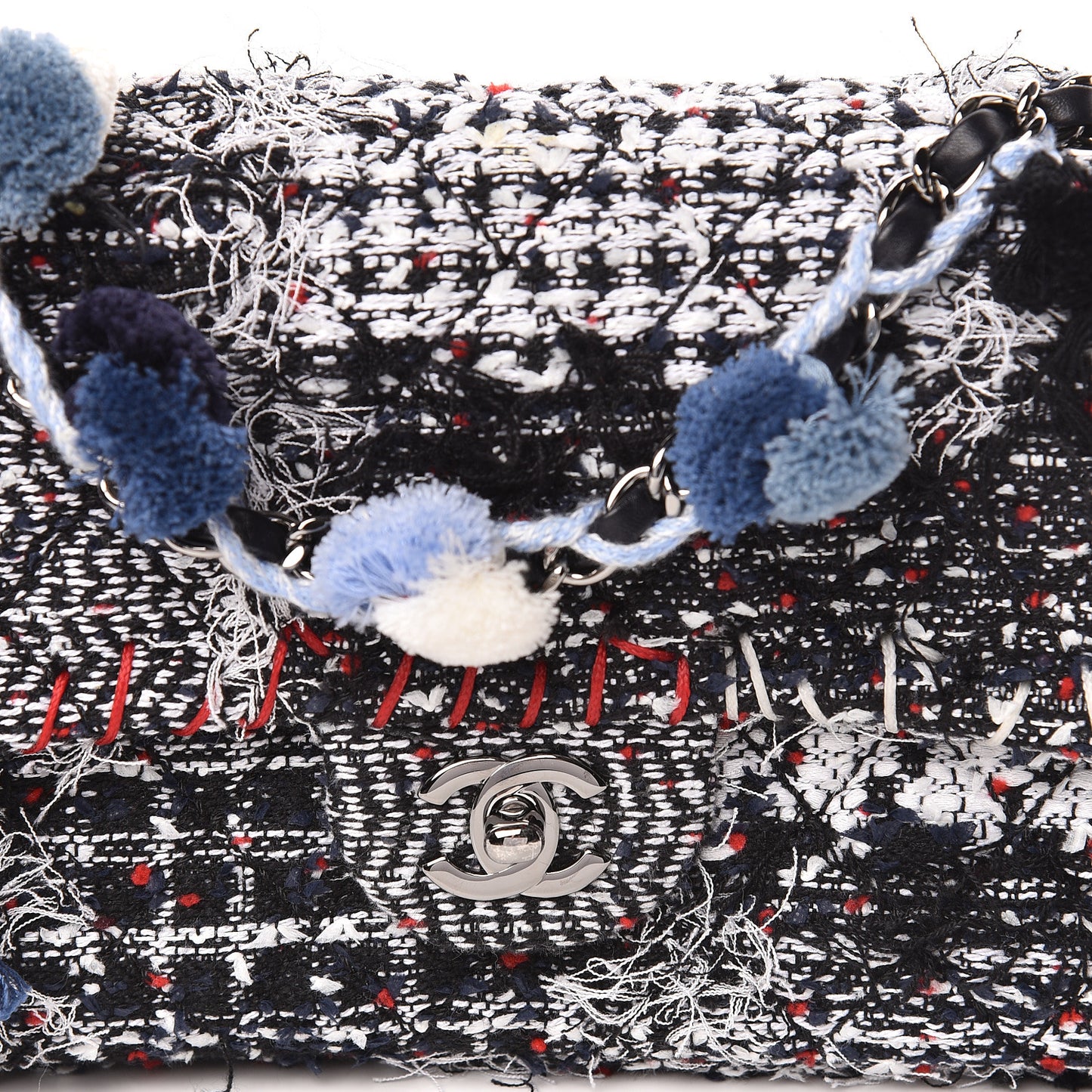 Tweed Pompom Flap Bag Multicolor