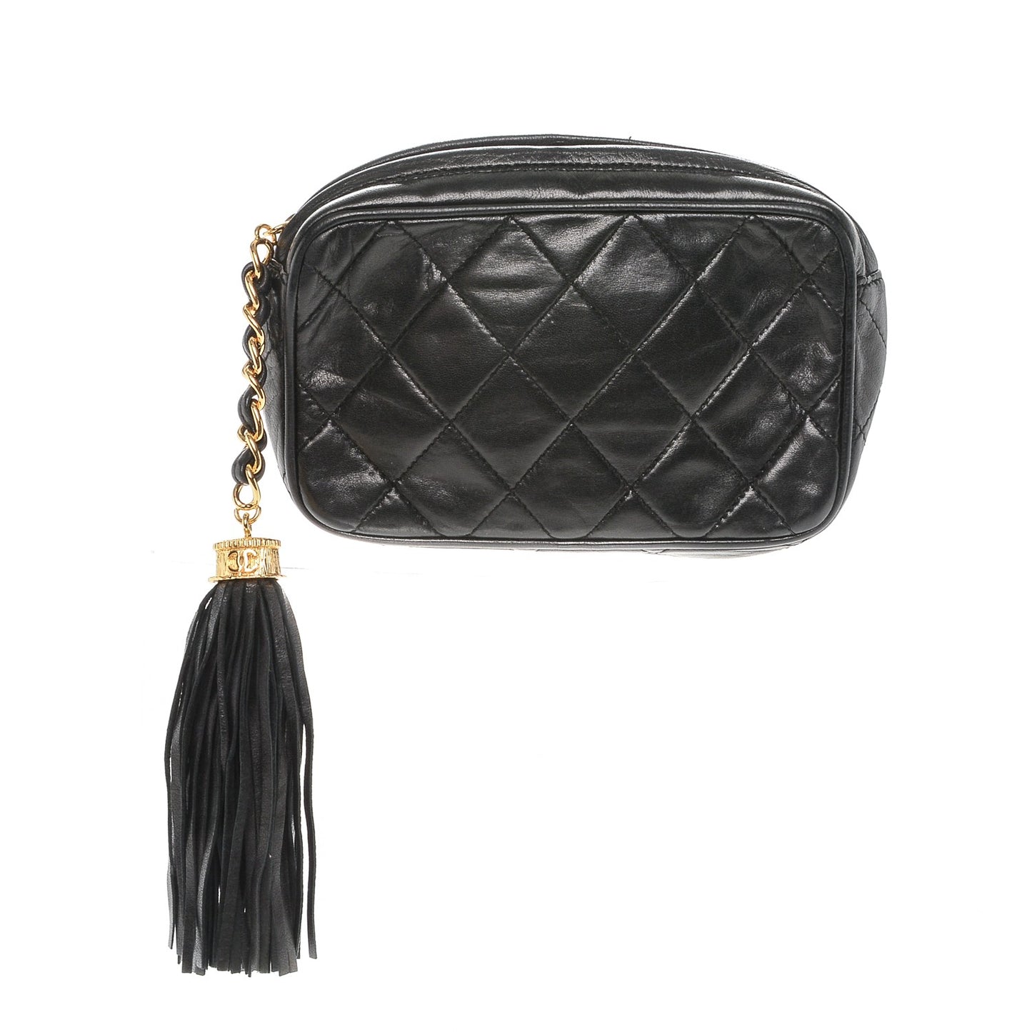 Lambskin Quilted Tassel Camera Case Black