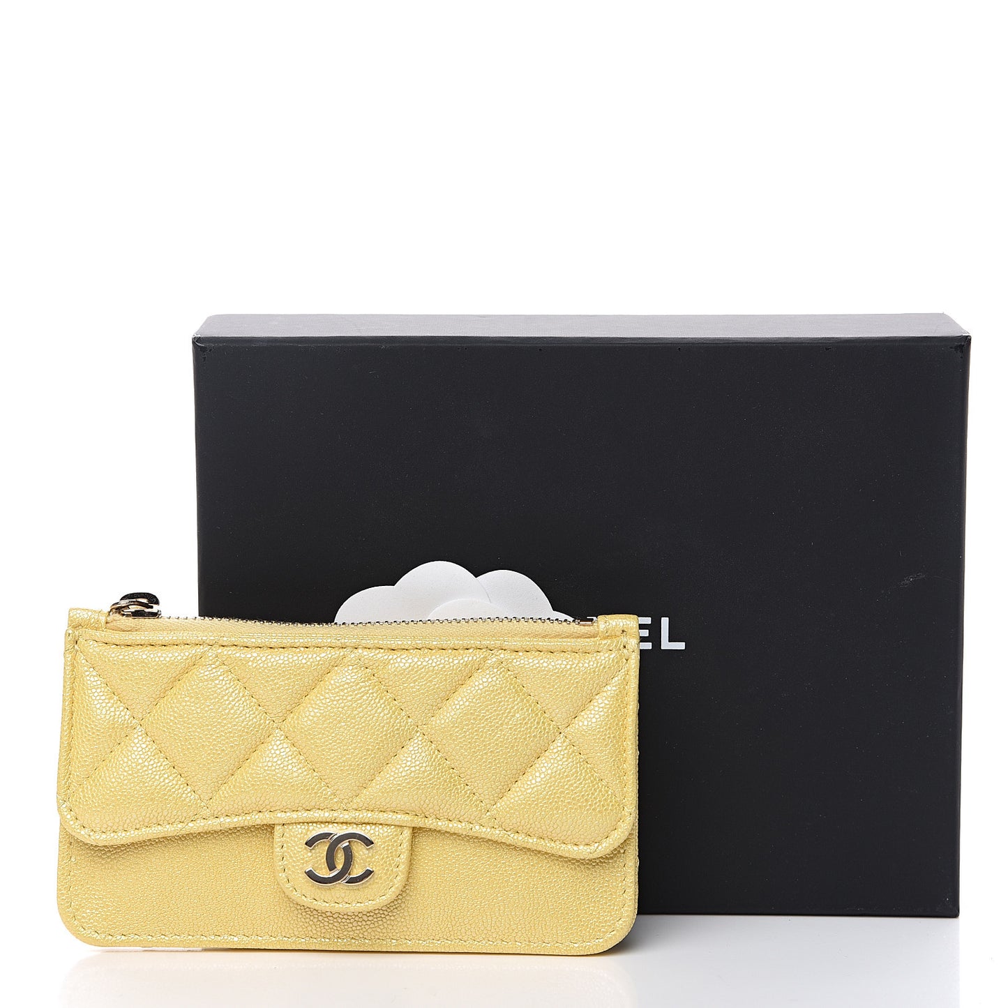 Iridescent Caviar Quilted Flap Zip Card Holder Yellow