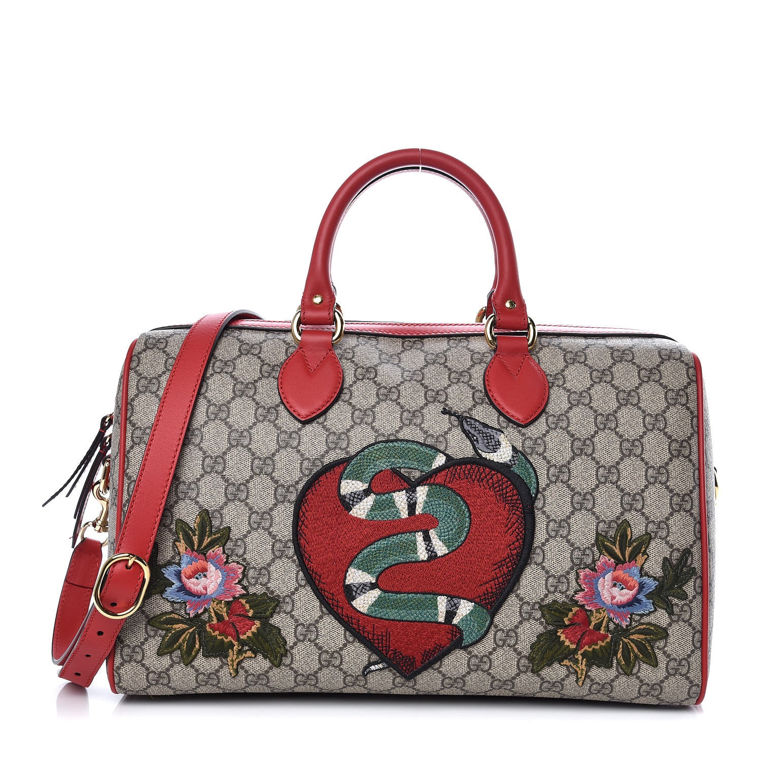 Gucci GG Supreme Monogram Kingsnake Heart Embroidered Medium Boston Hibiscus Red 1 of 10