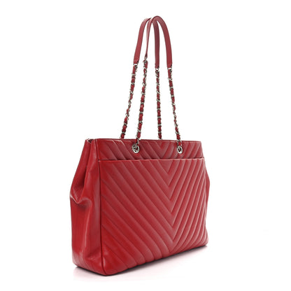 Chanel Caviar Chevron Quilted Large Coco Handle Shopping Tote Red 3 of 10